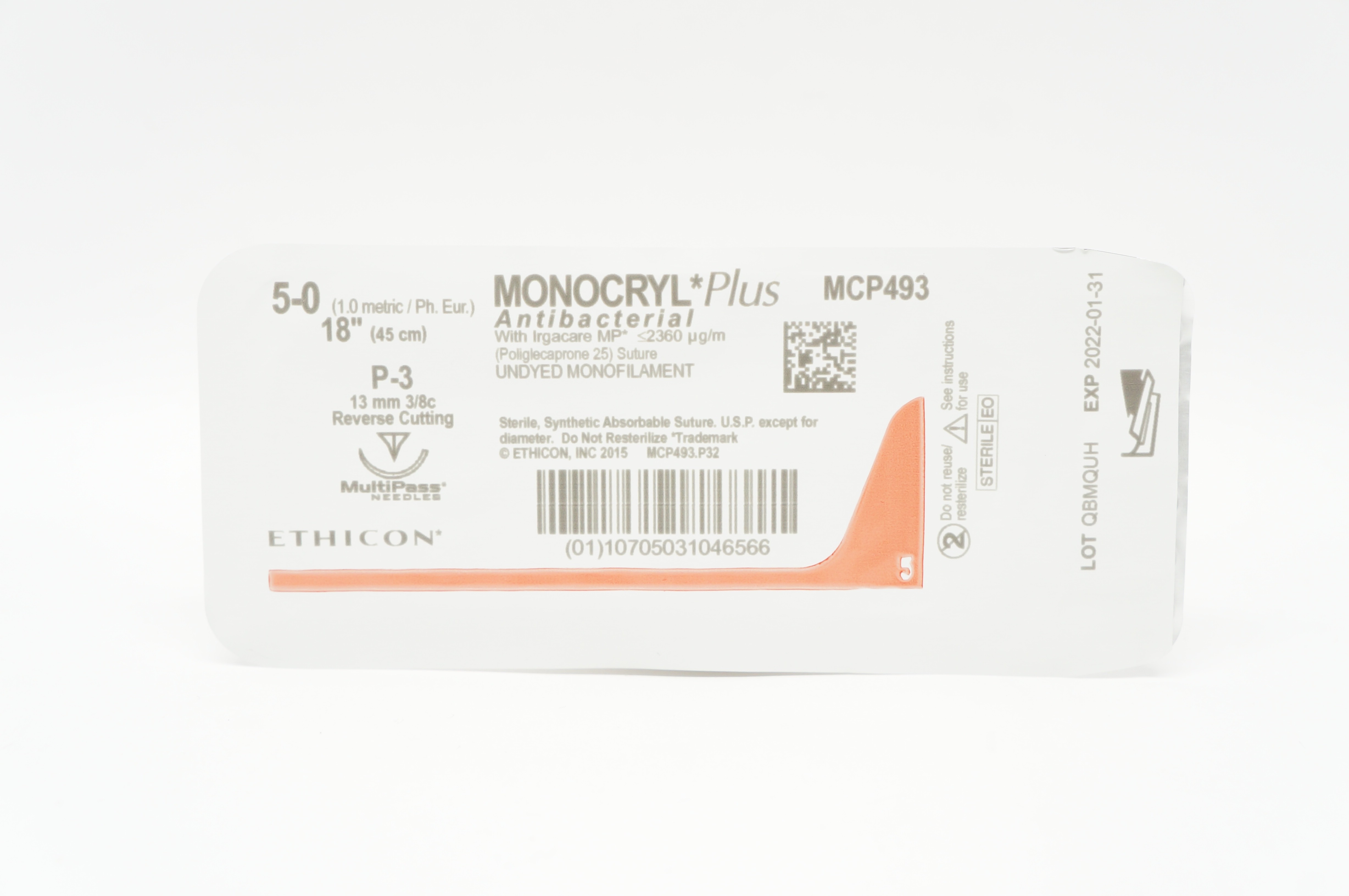 Ethicon MCP493 5-0 MONOCRYL Plus P-3 13mm 3/8c Reverse Cutting, 18inch (x)