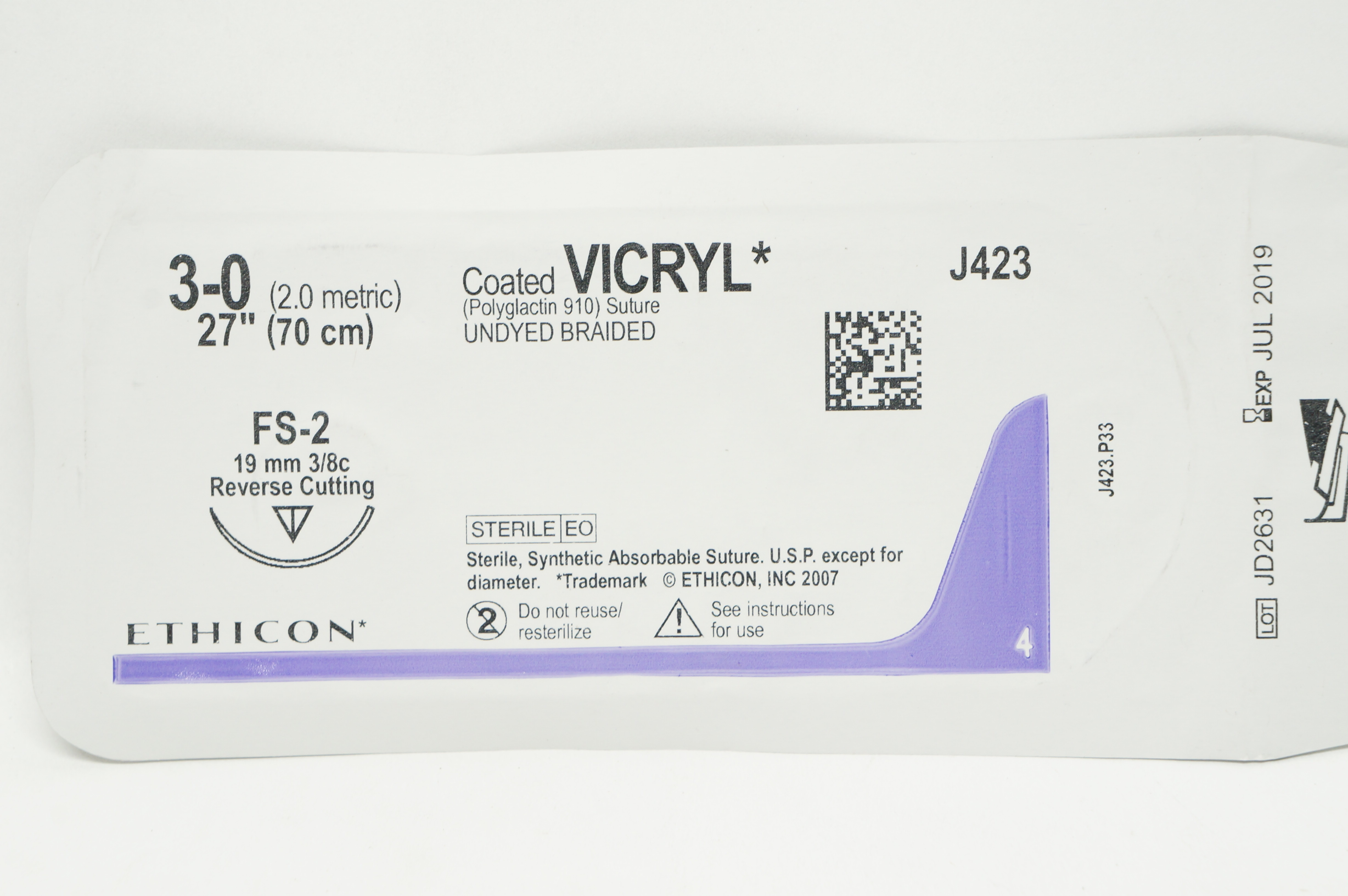 Ethicon J423 3-0 VICRYL FS-2 19mm 3/8c Reverse Cutting, 27inch (x)