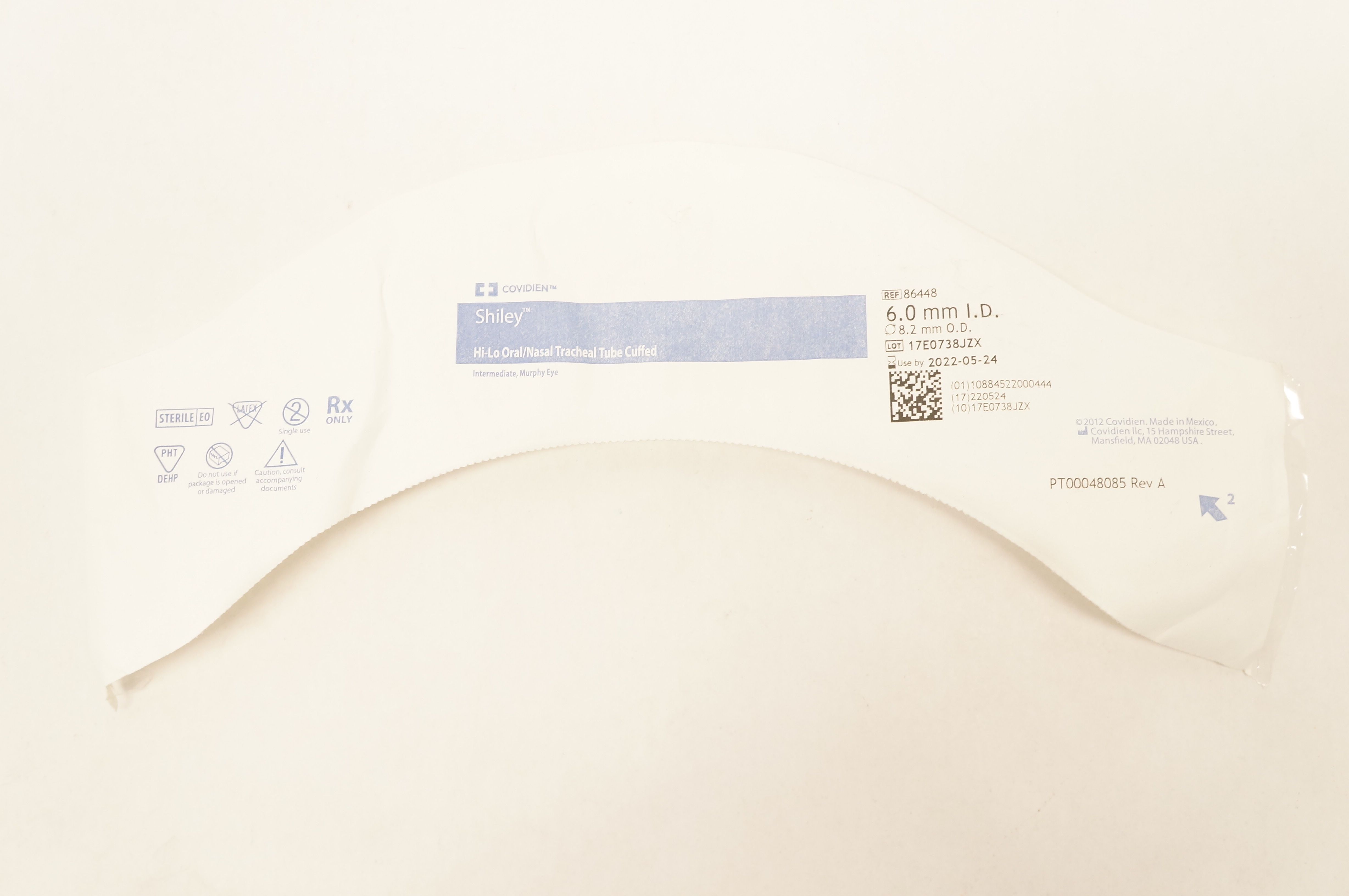 Covidien 86448 Shiley Hi-Lo Oral/Nasal Tracheal Tube Cuffed 6.0mm x 8.2mm (x)