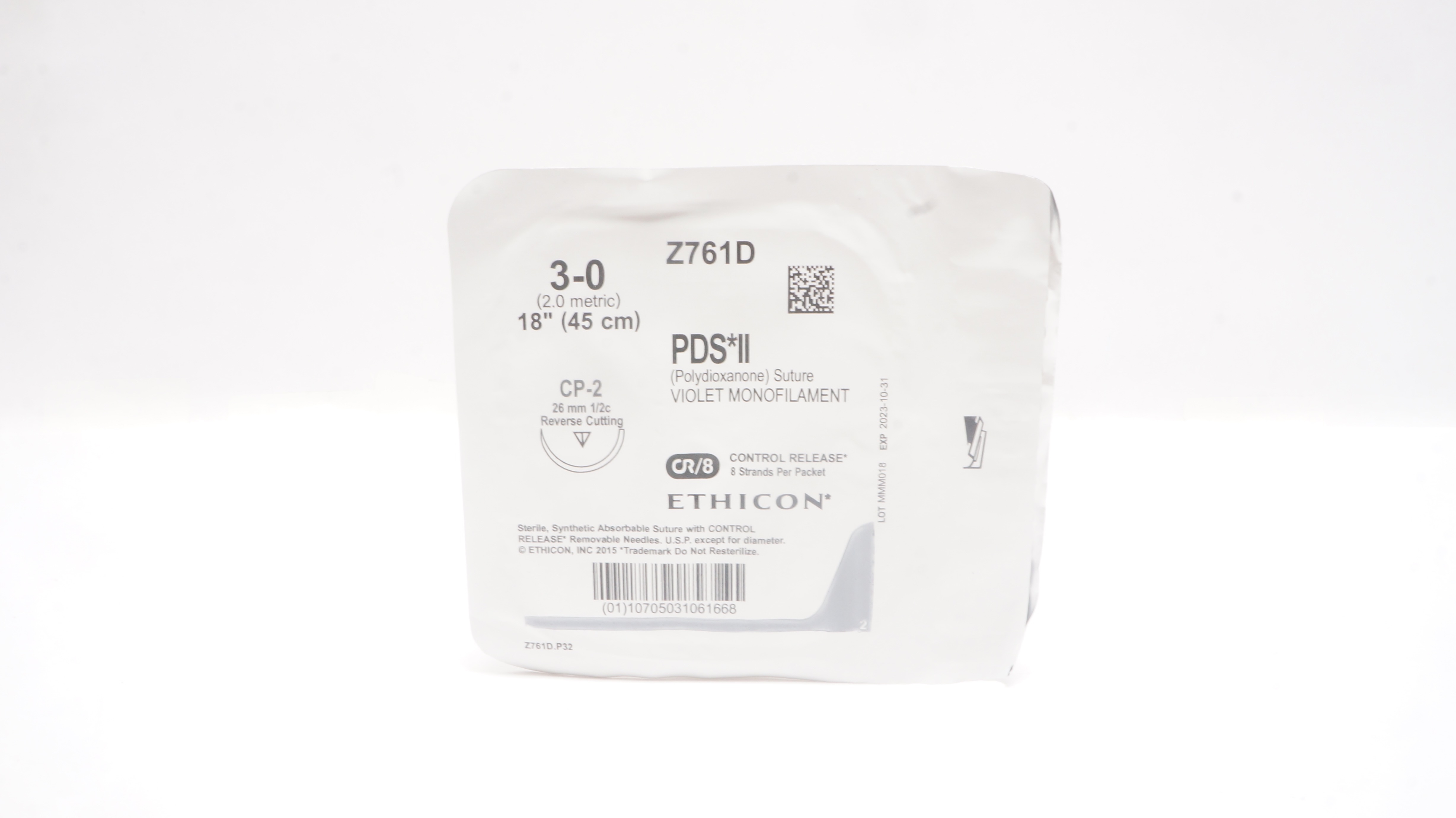 Ethicon Z761D 3-0 PDSII Polydioxanone Stre CP-2 26mm 1/2c Reverse Cutting 18inch
