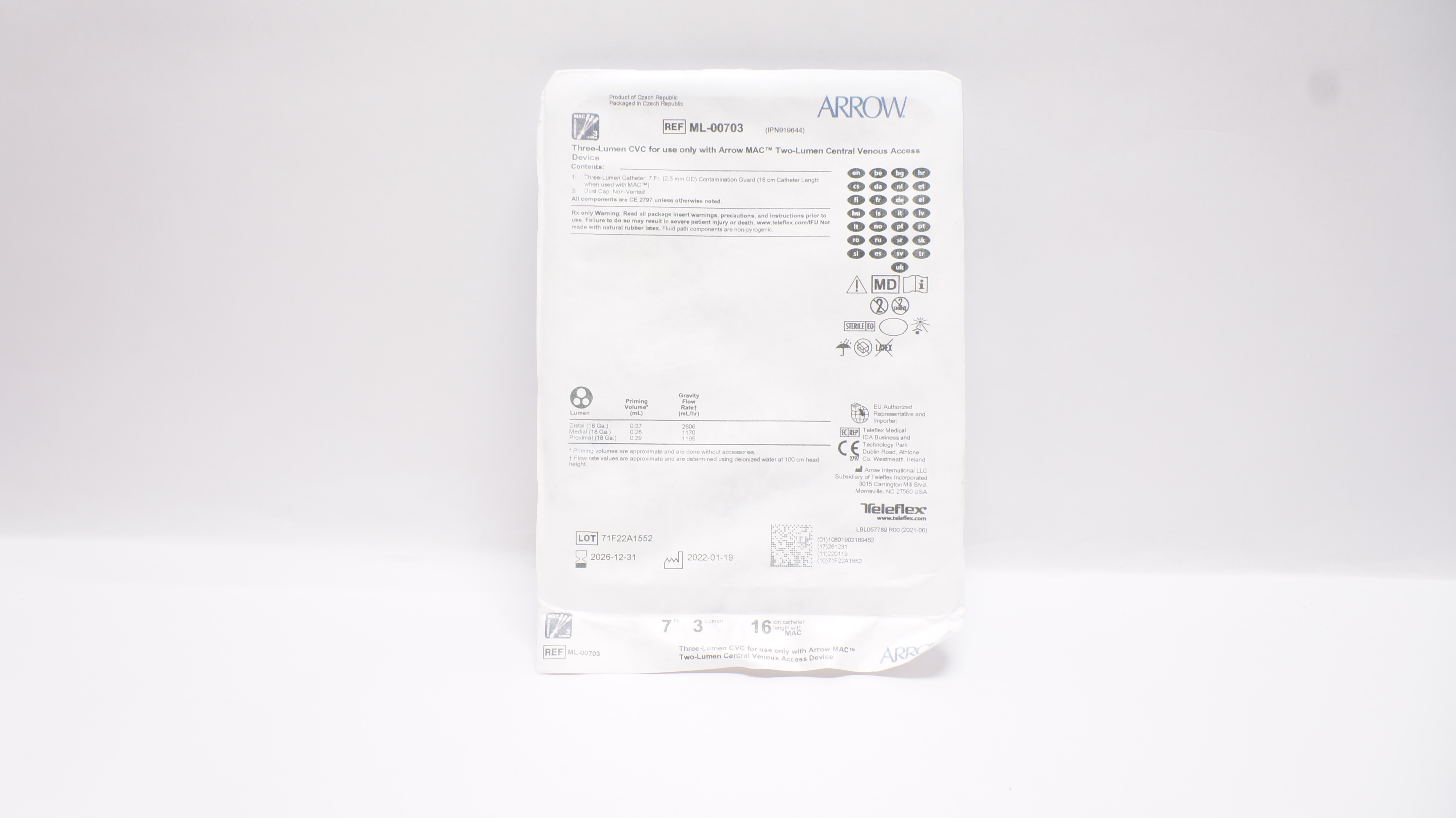 Arrow ML-00703 Three-Lumen Central Venous Cath. 7Fr. x 16cm