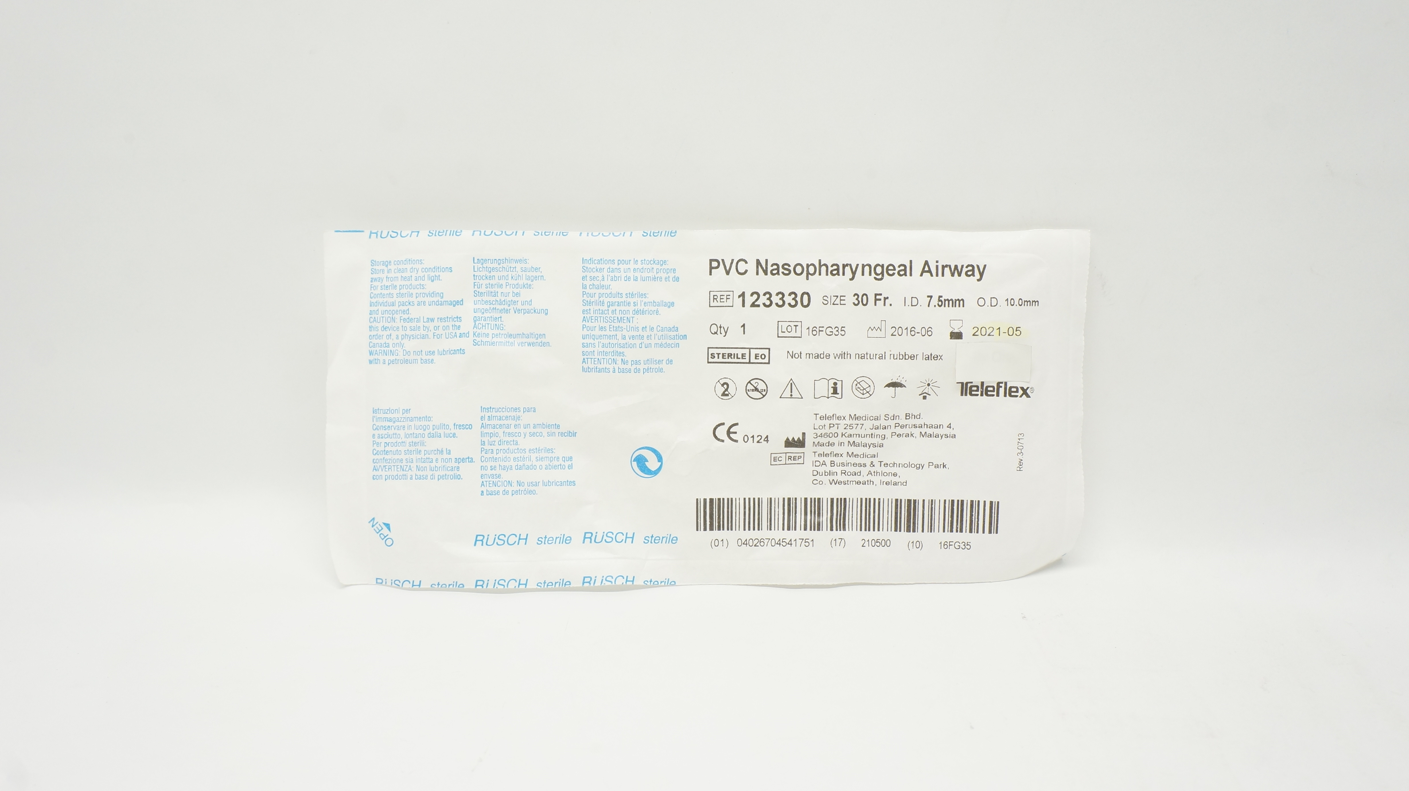 Teleflex 123330 Rusch PVC Nasopharyngeal Airway 30 Fr x 7.5mm ID x 10.0mm OD (x)