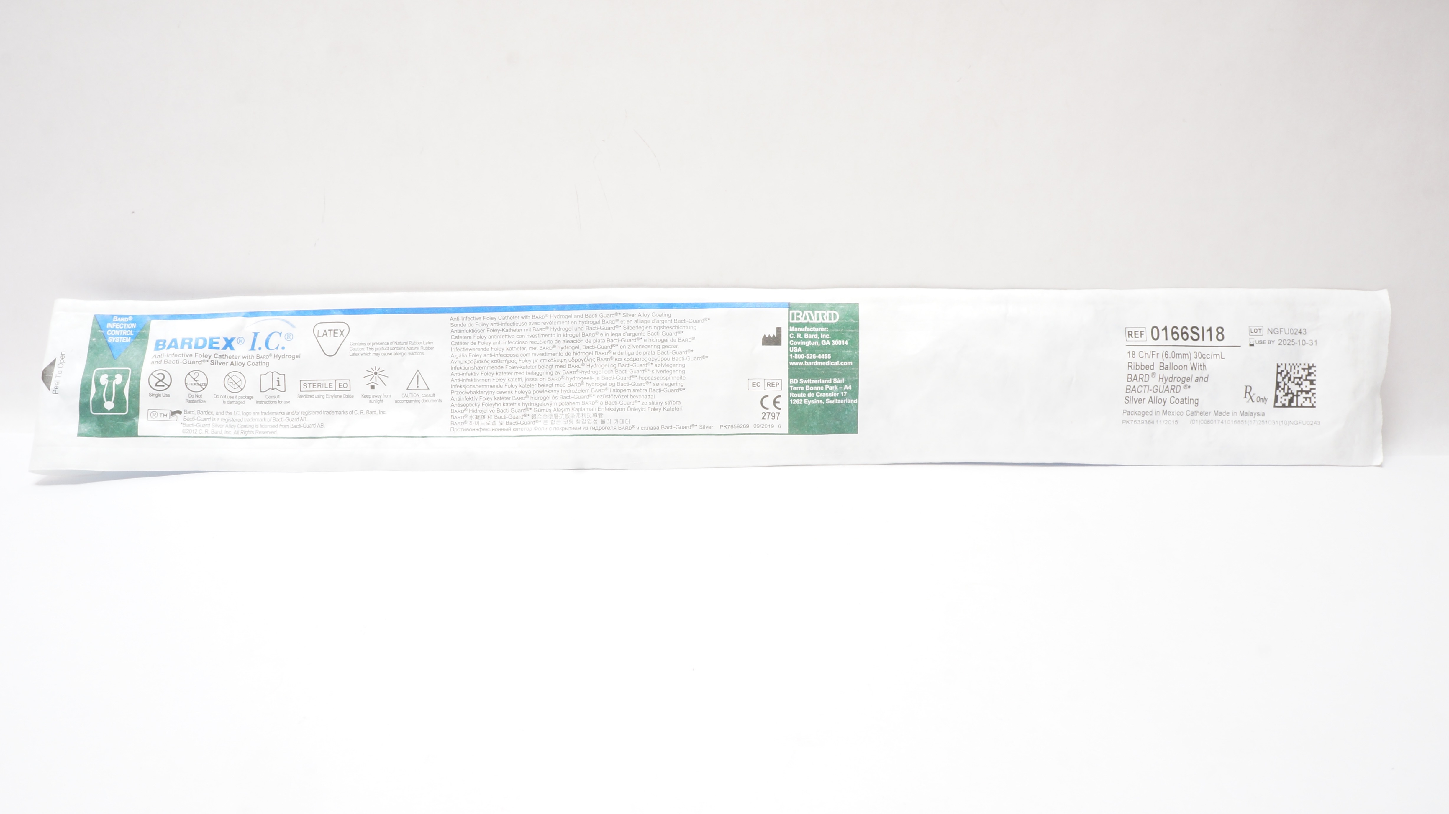 Bard 0166SI18 Bardex I.C. Anti-Infective Foley Cath. 18 Ch/Fr 30 cc/mL Balloon