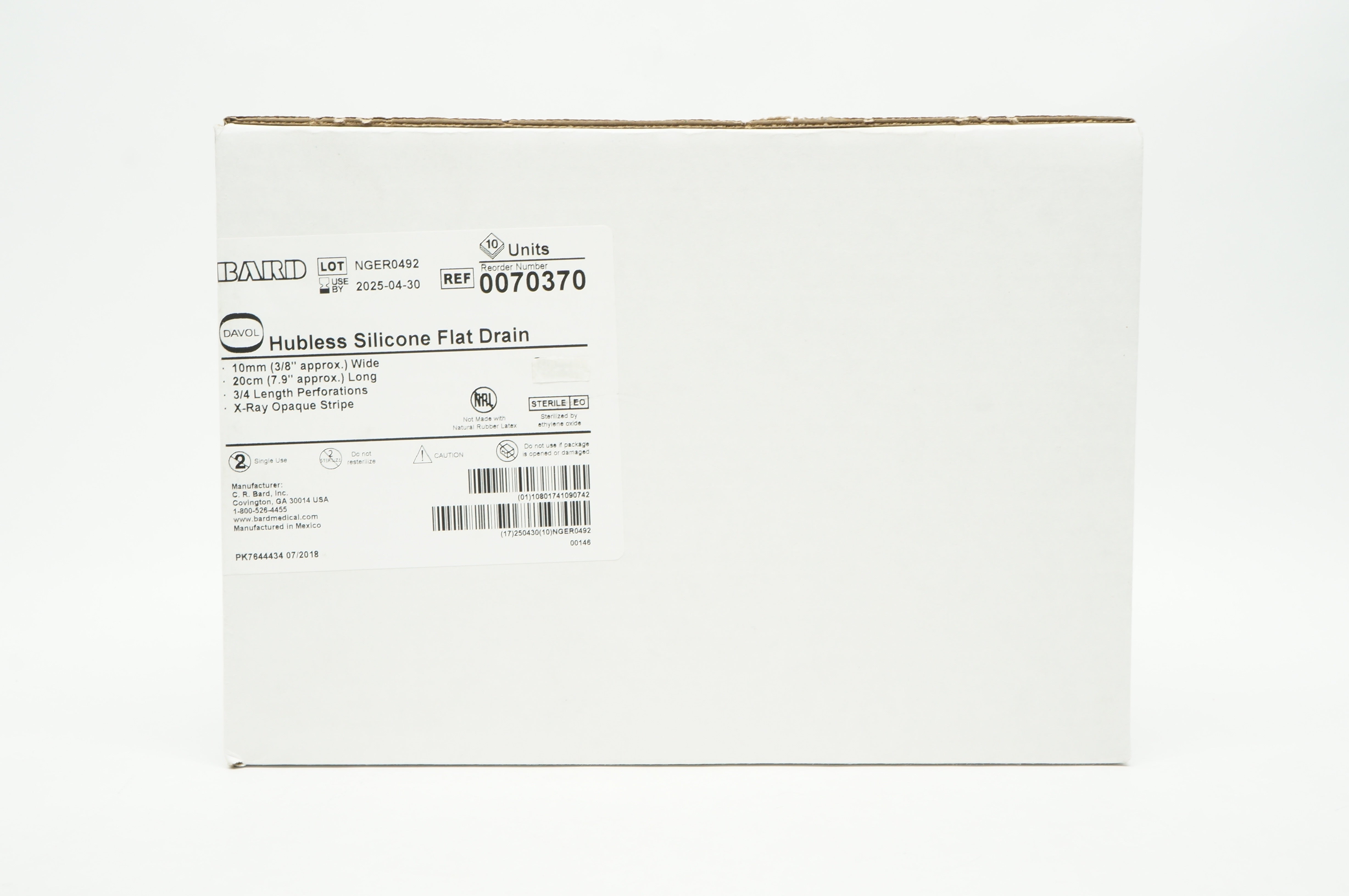Bard 0070370 Davol Hubless Silicone Flat Drain 3/8inch x 20cm - Box of 10