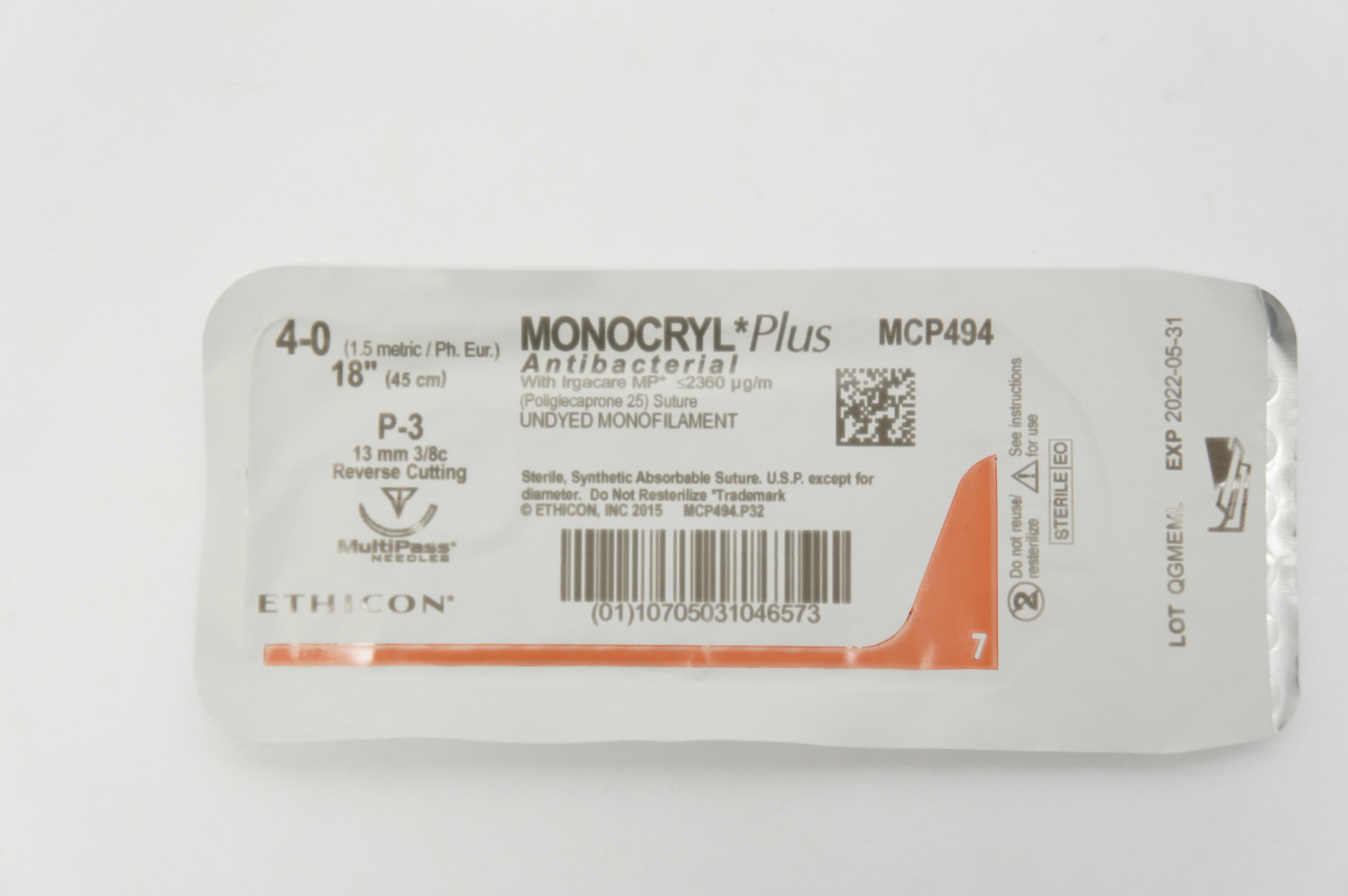 Ethicon MCP494 4-0 MONOCRYL Plus Stre P-3, 13mm 3/8c Reverse Cutting, 18inch (x)