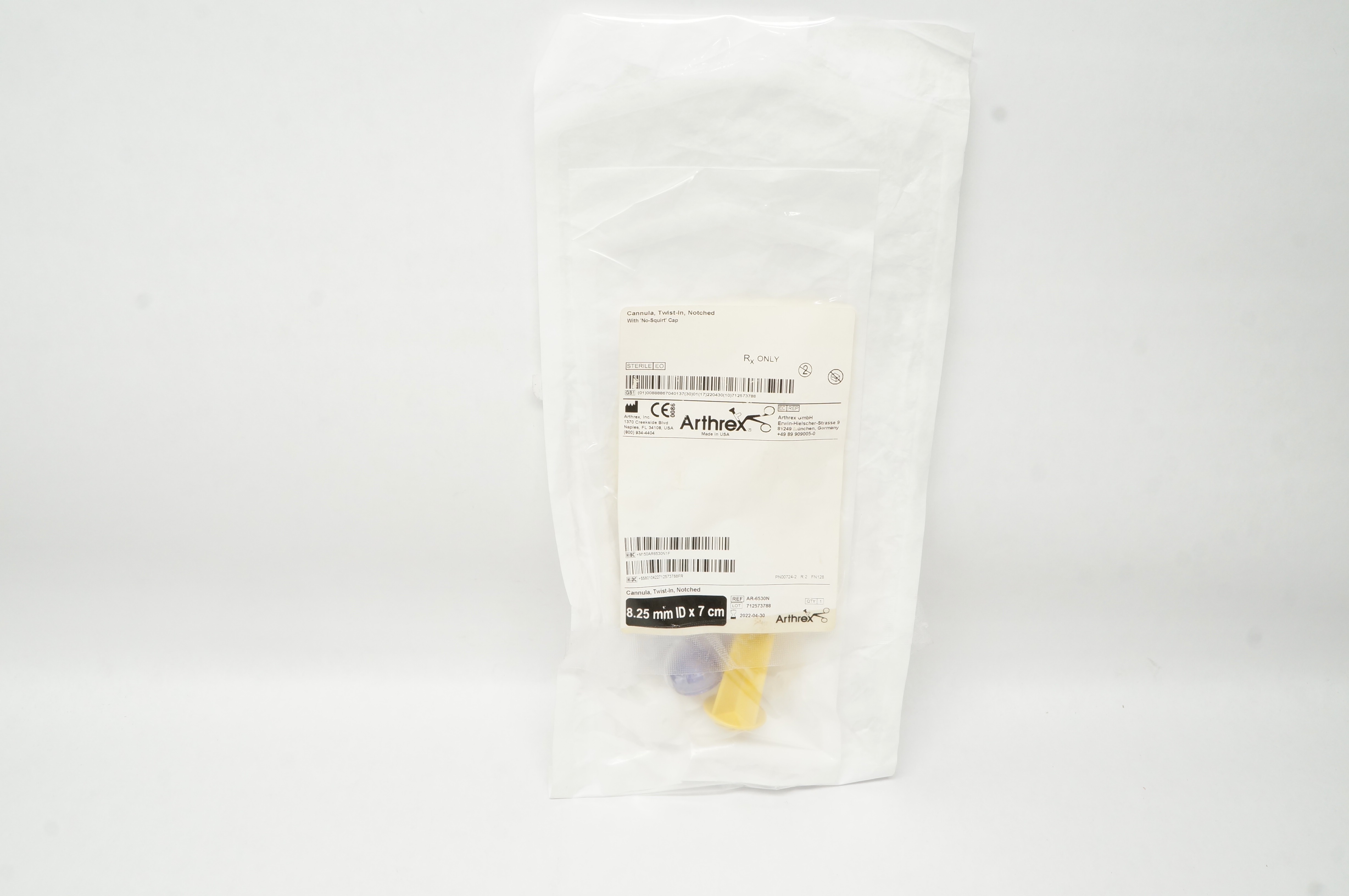 Arthrex AR-6530N Cannula, Twist-In Notched w/No-Squirt Cap, 8.25mm ID x 7cm (x)