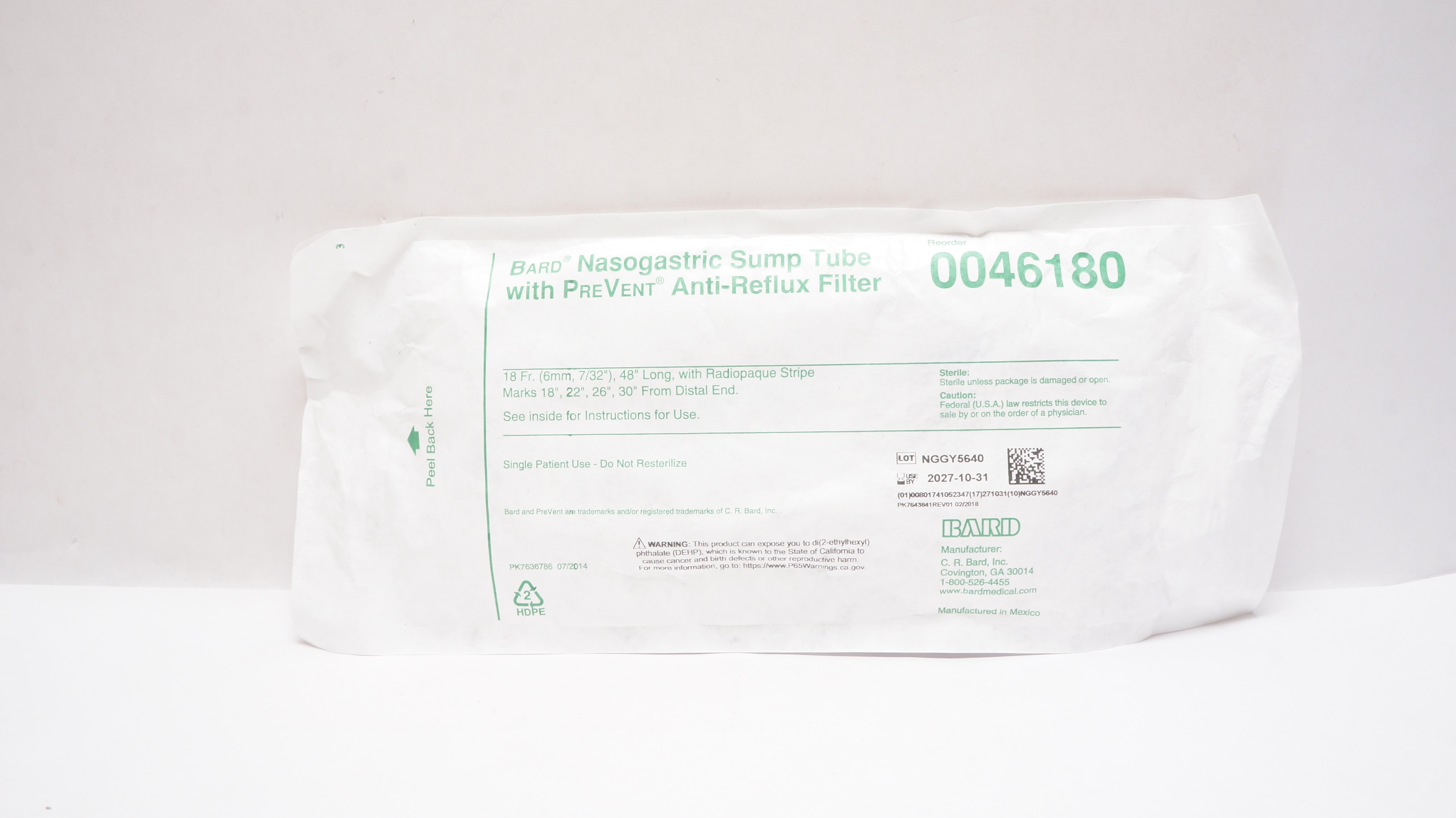 Bard 0046180 Nasogastric Sump Tube with PreVent Anti-Reflux Filter 18Fr x 48inch