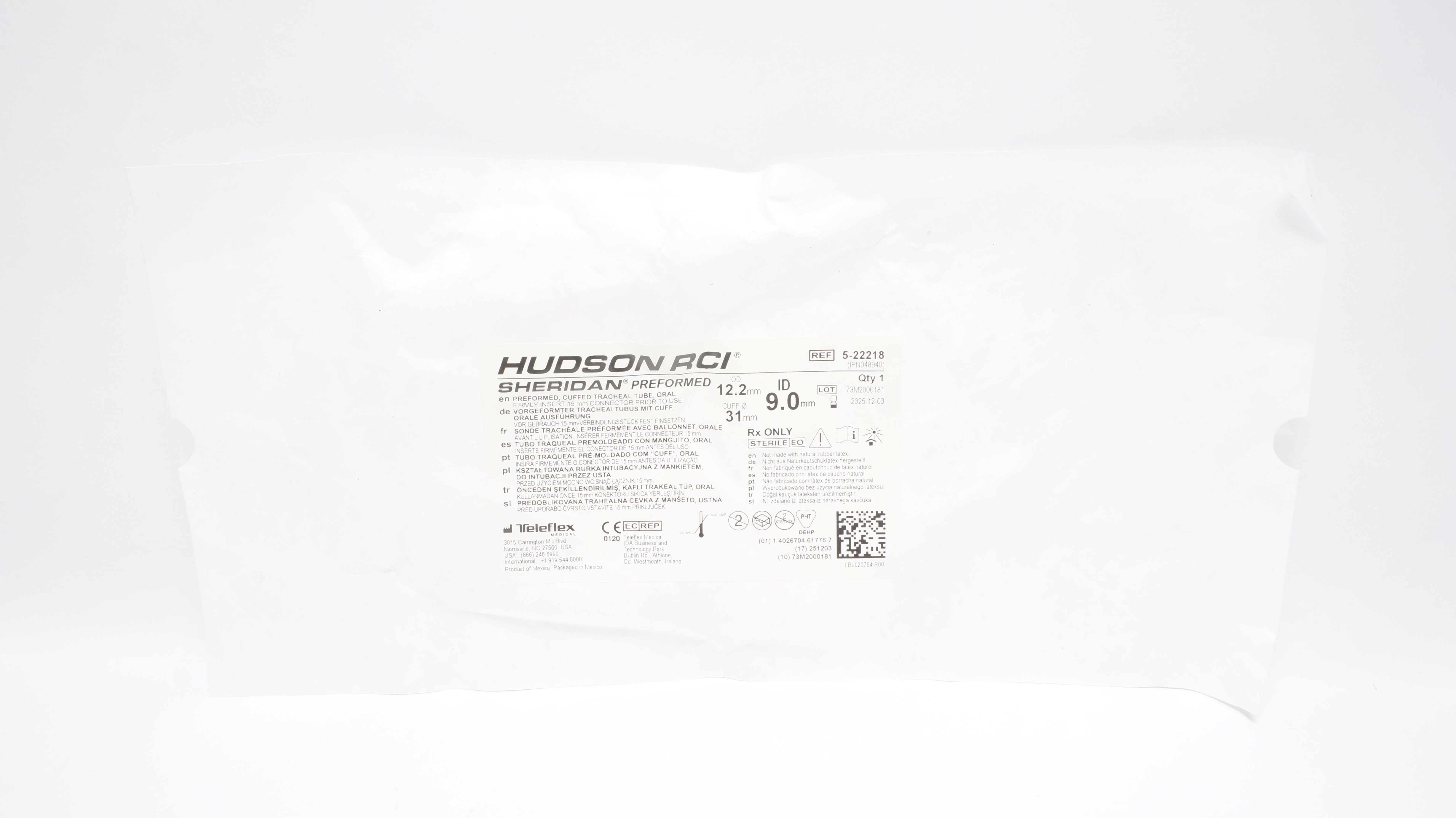Teleflex 5-22218 Hudson RCI Sheridan Preformed Cuffed Tracheal Tube,Oral (x)