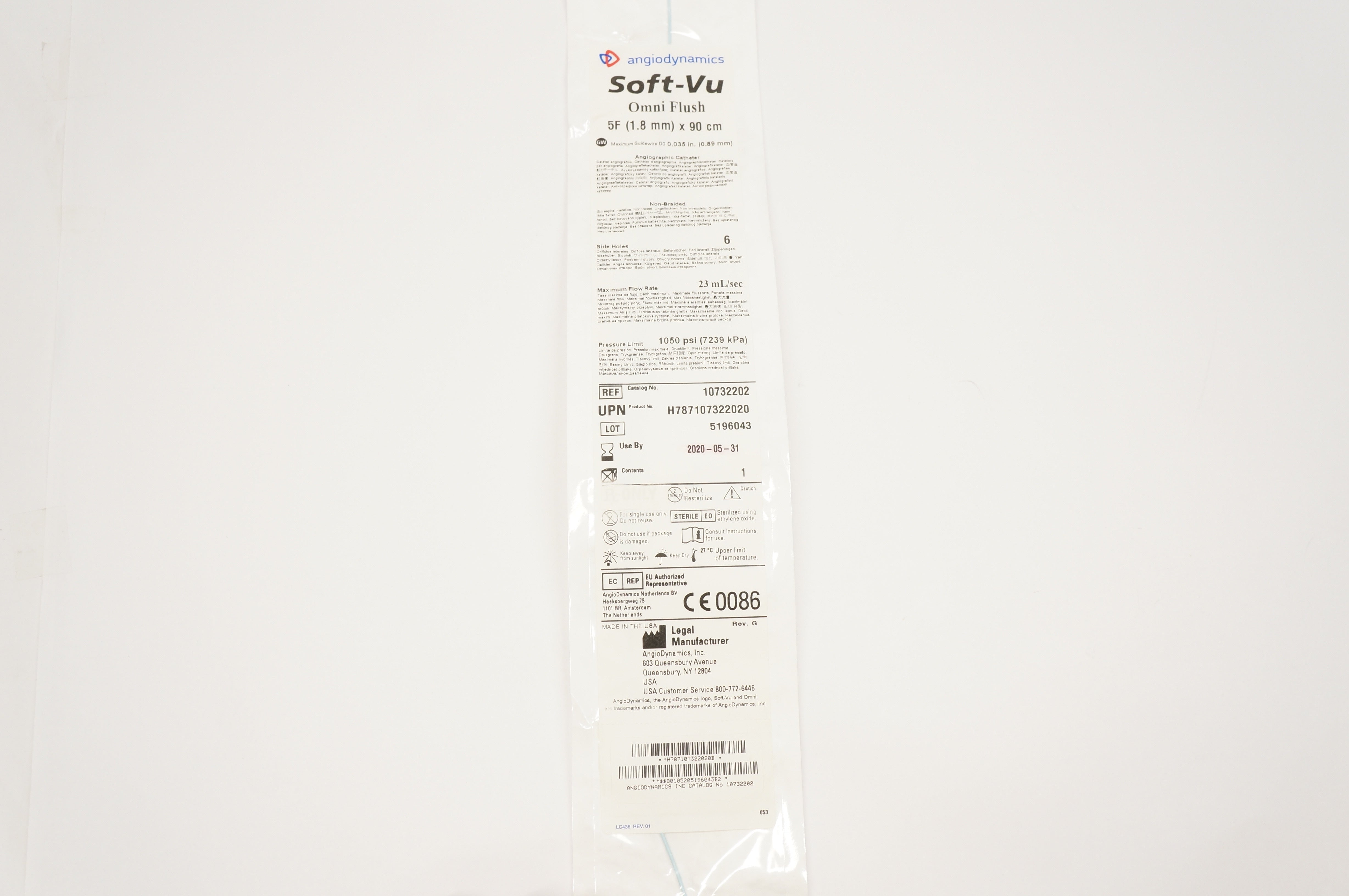 AngioDynamics 10732202 Soft-Vu Omni Flush Angiographic Cath. 5F x 90cm(x)