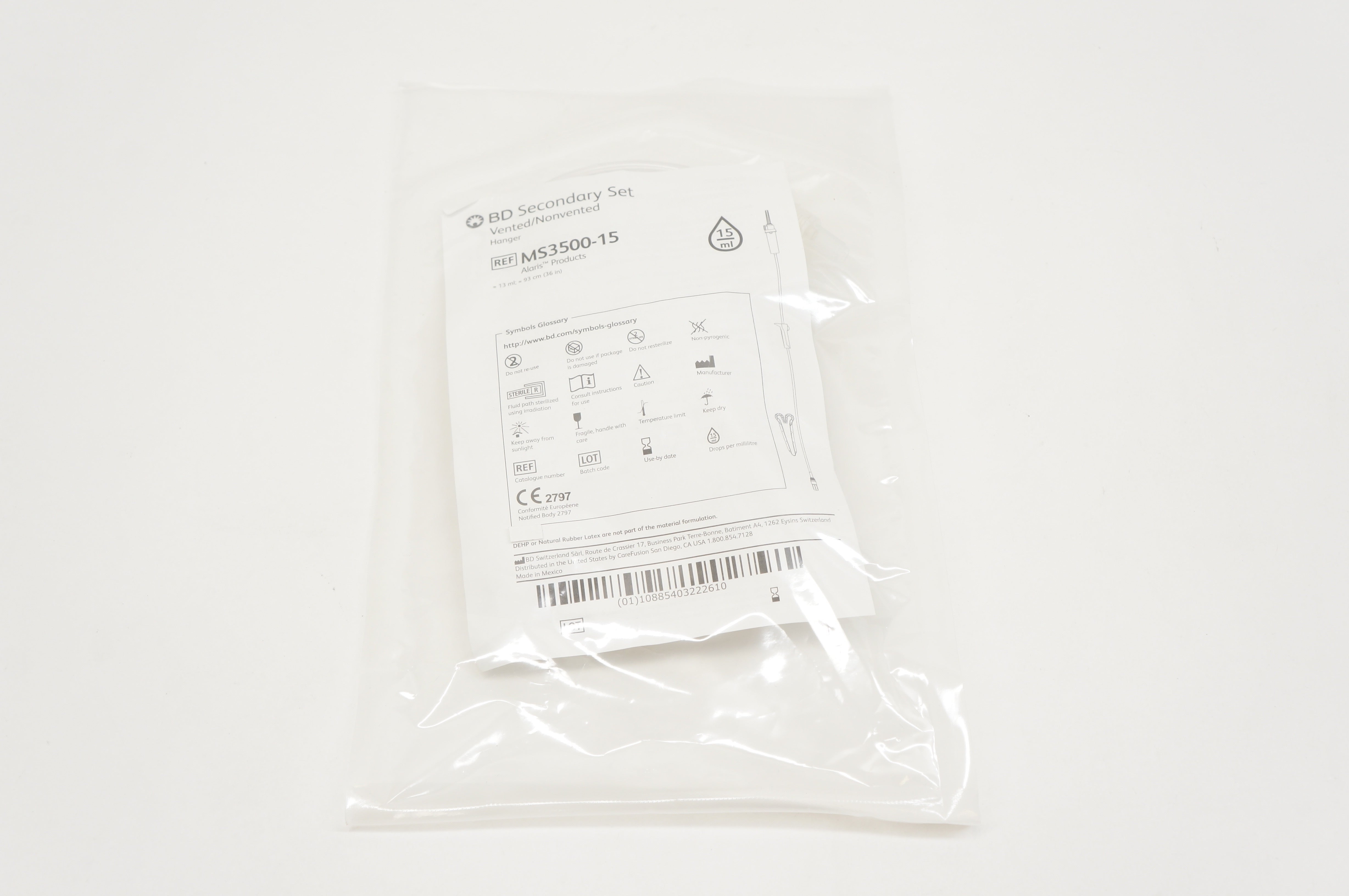 BD MS3500-15 Secondary Set Vented/Nonvented Hanger 15ml, 13ml x 36inch