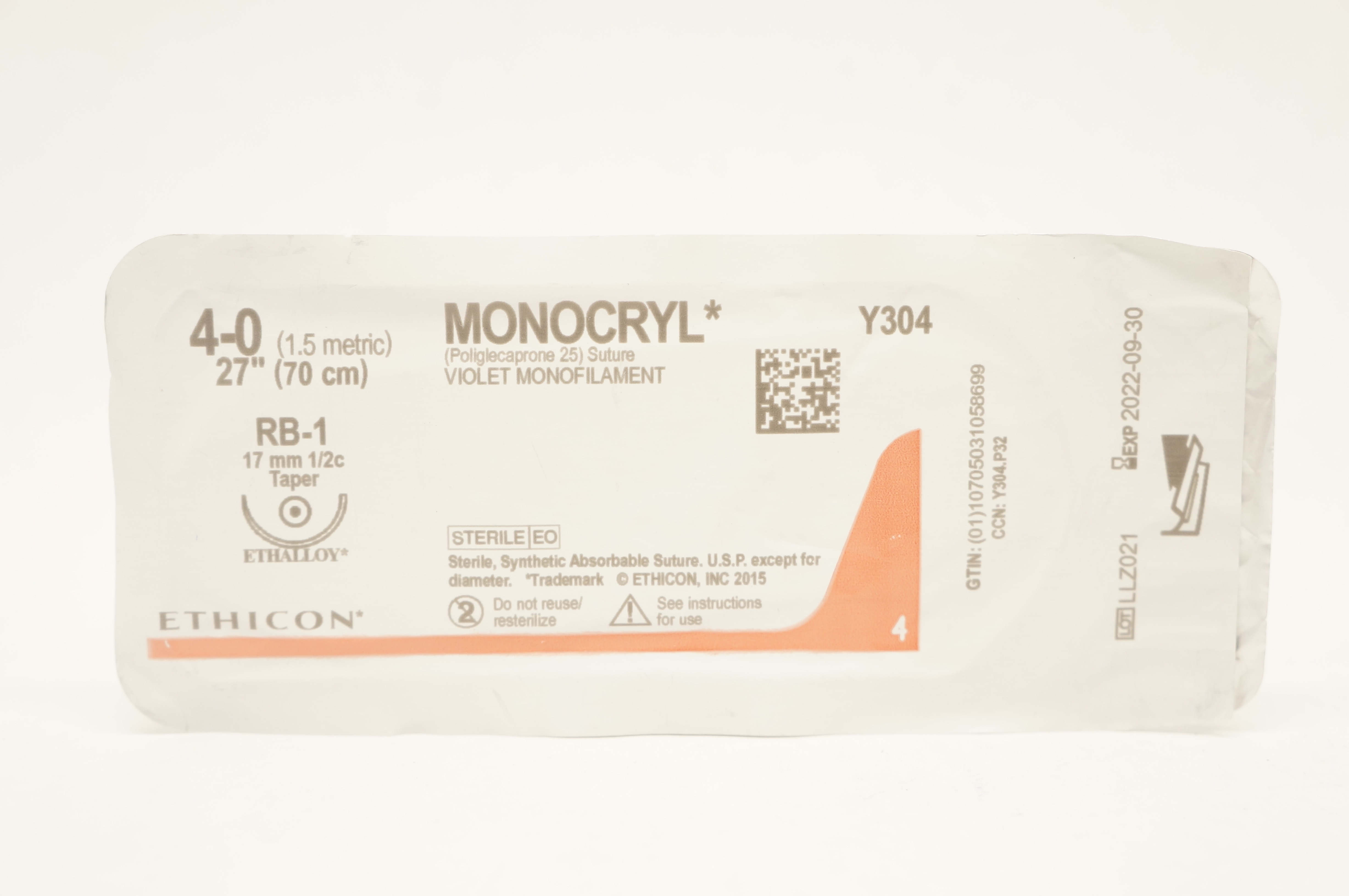 Ethicon Y304 4-0 Monocryl Poliglecaprone 25 Stre RB-1 17mm 1/2c Taper, 27inch(x)