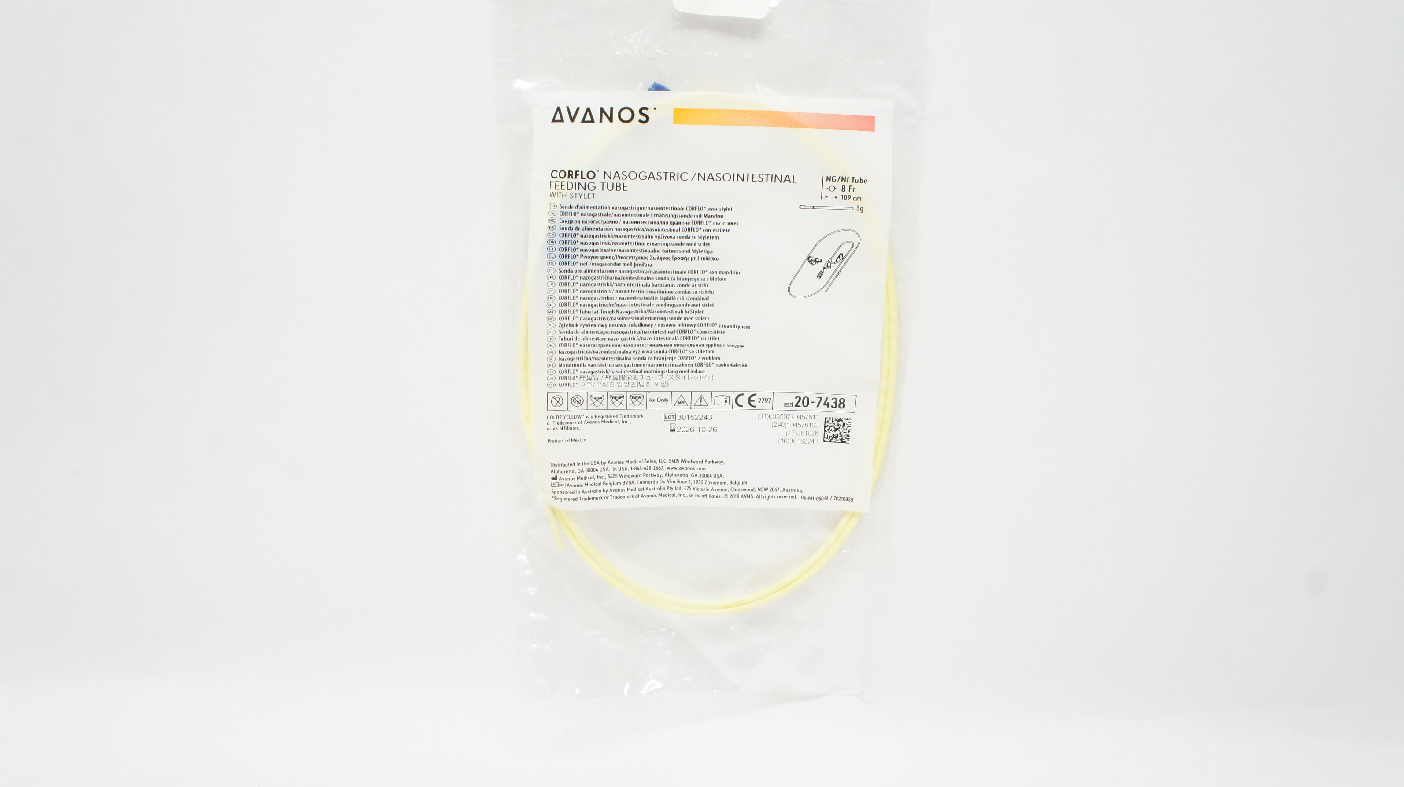 Avanos 20-7438 CORFLO Nasogastric/Nasointestinal Feeding Tube 8Fr x 109cm