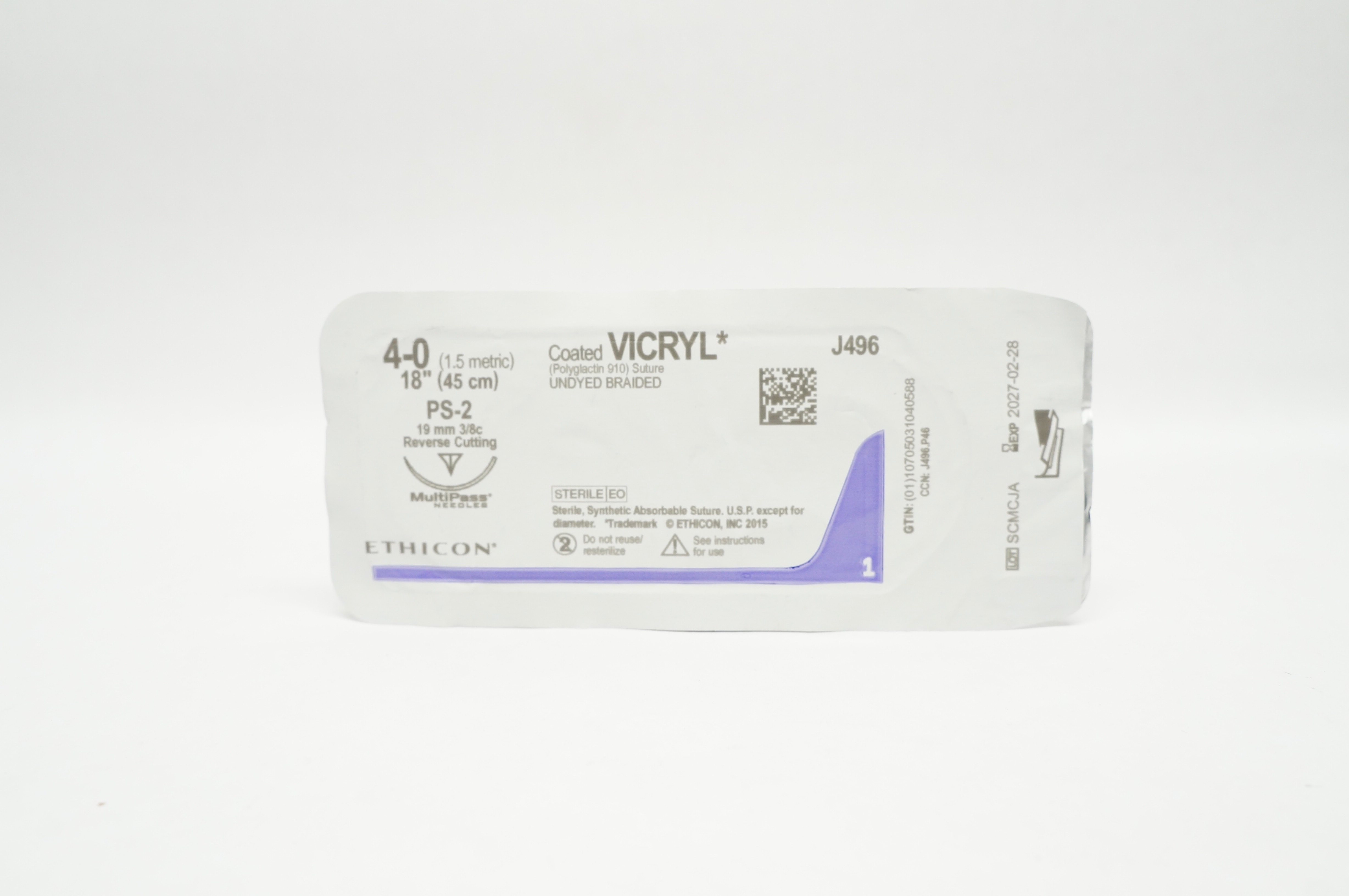 Ethicon J496 4-0 Coated VICRYL Stre PS-2 19mm 3/8c Reverse Cutting 18inch