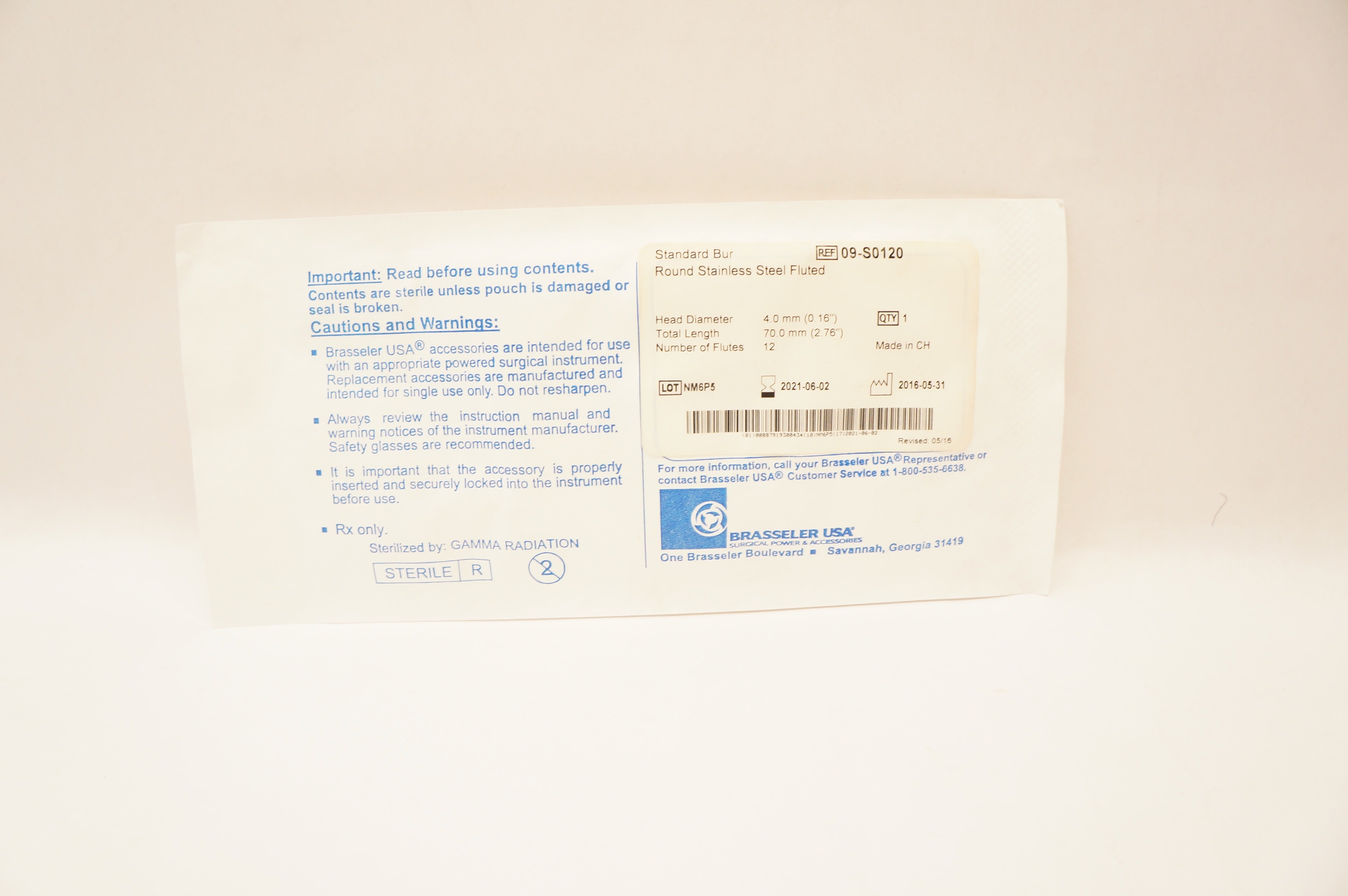 Brasseler 09-S0120 Round SS Fluted Standard Bur 0.16 x 2.76inch w/ 12 Flutes (x)