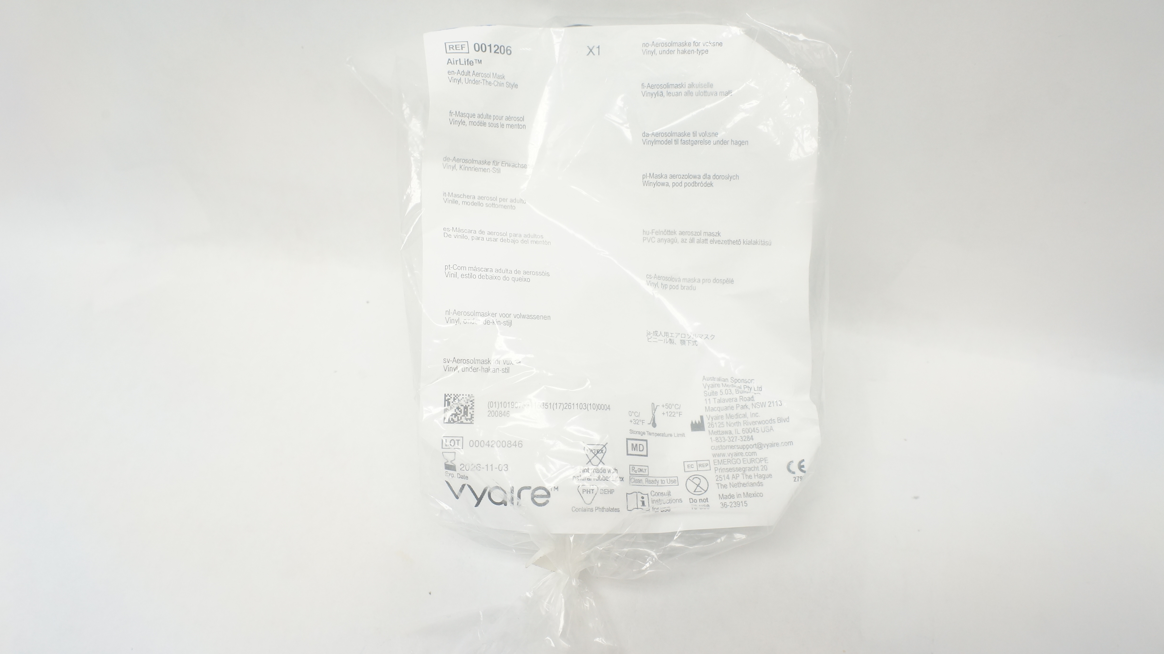 Vyaire 001206 AirLife Adult Aerosol Mask Vinyl Under-The-Chin Style