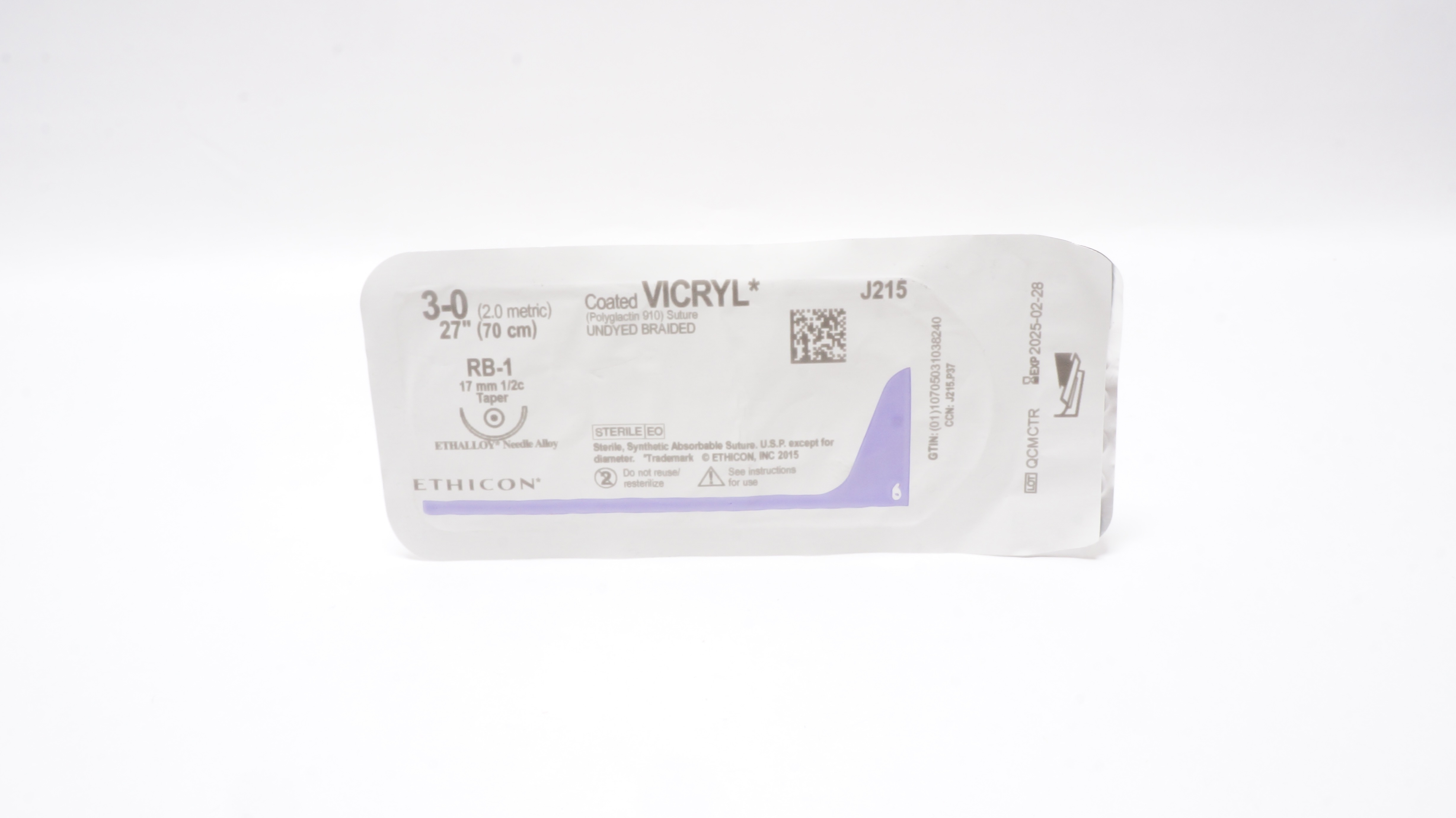 Ethicon J215 3-0 Coated VICRYL Polyglactin 910 Stre RB-1 17mm 1/2c Taper, 27inch