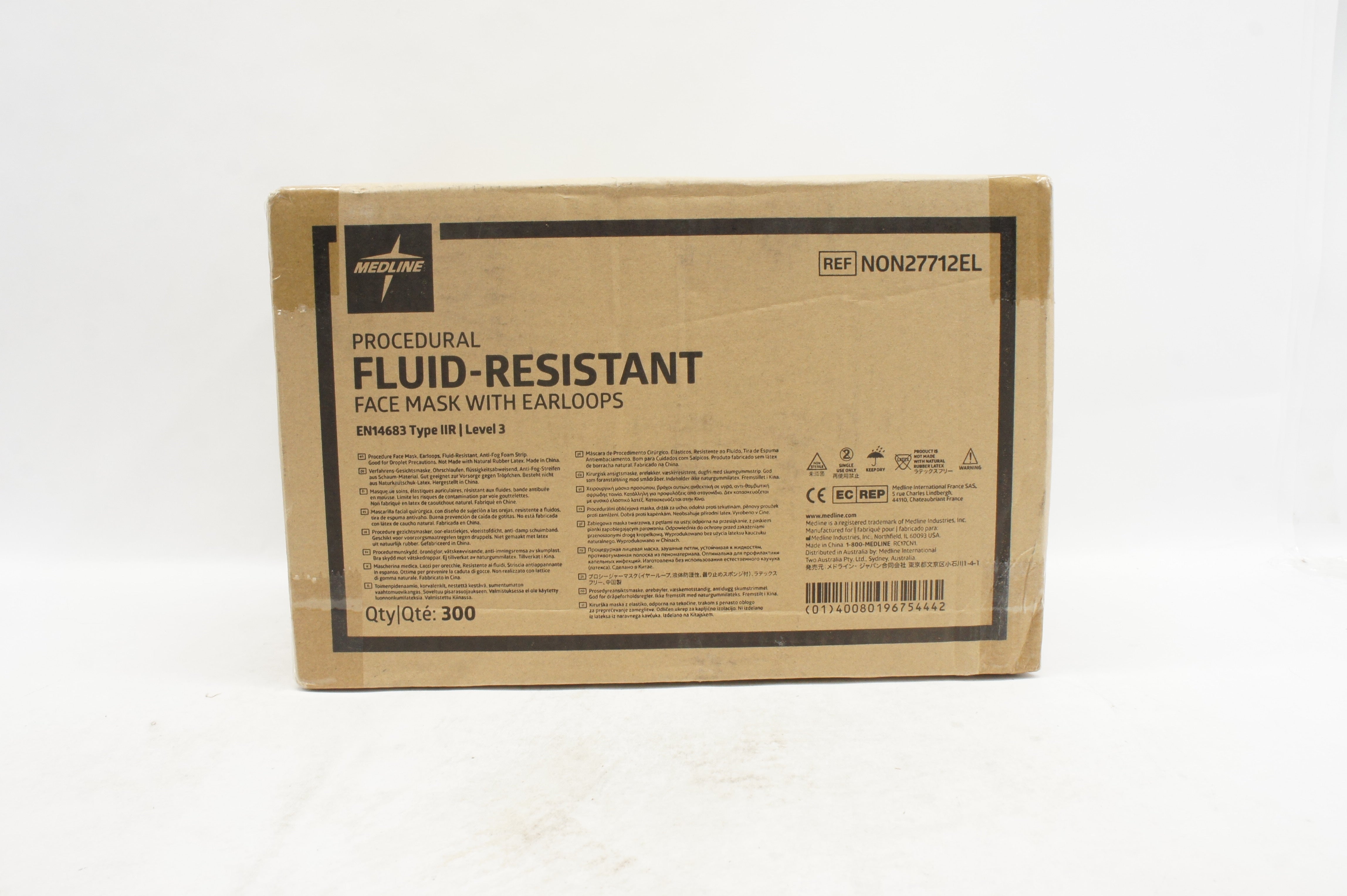 Medline NON27712EL Procedural Fluid-Resistant Face Mask w/ Earloops - Box of 300