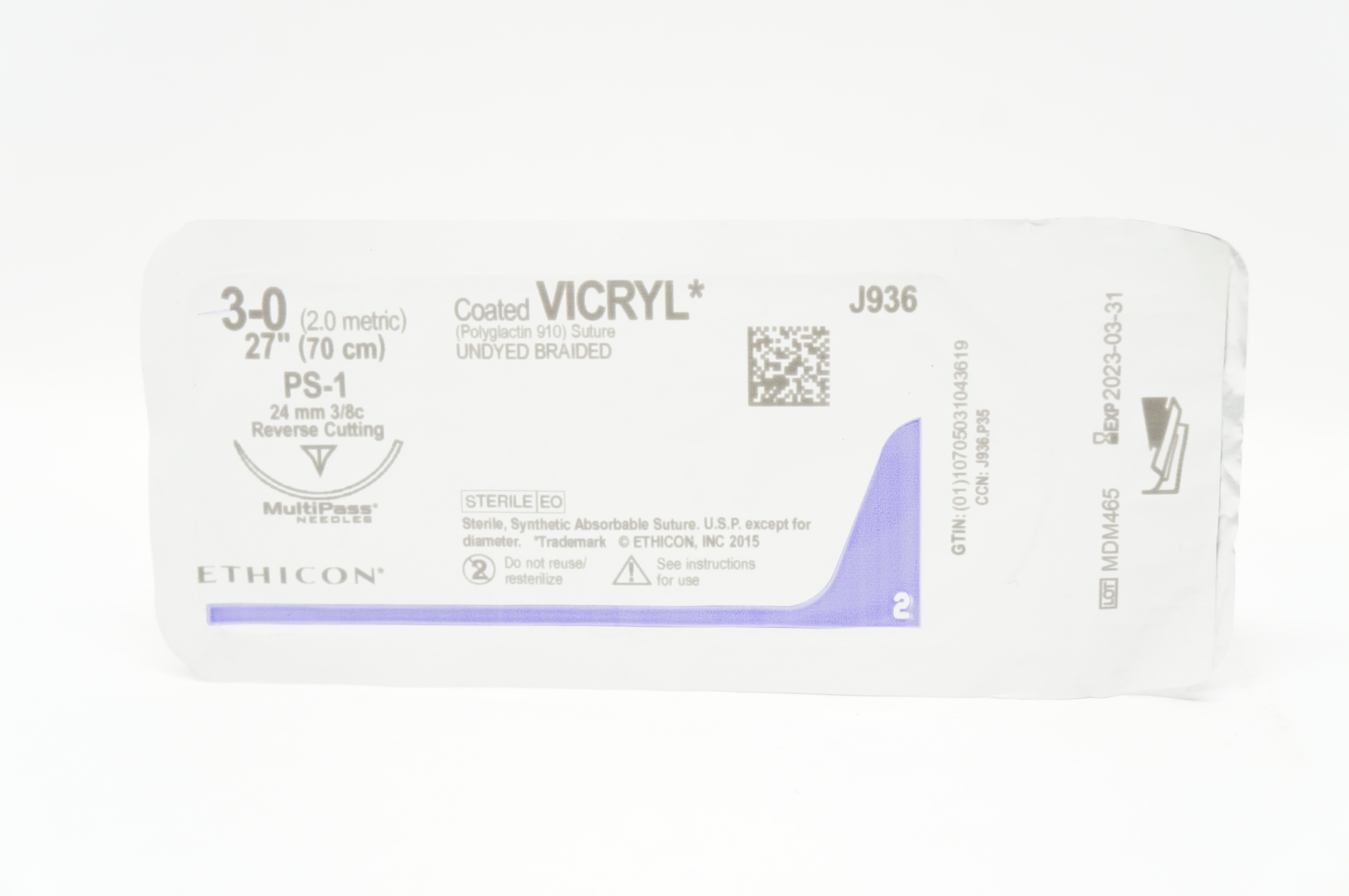 Ethicon J936 3-0 Vicryl, PS-1, 24mm 3/8c Reverse Cutting, 27inch (x)