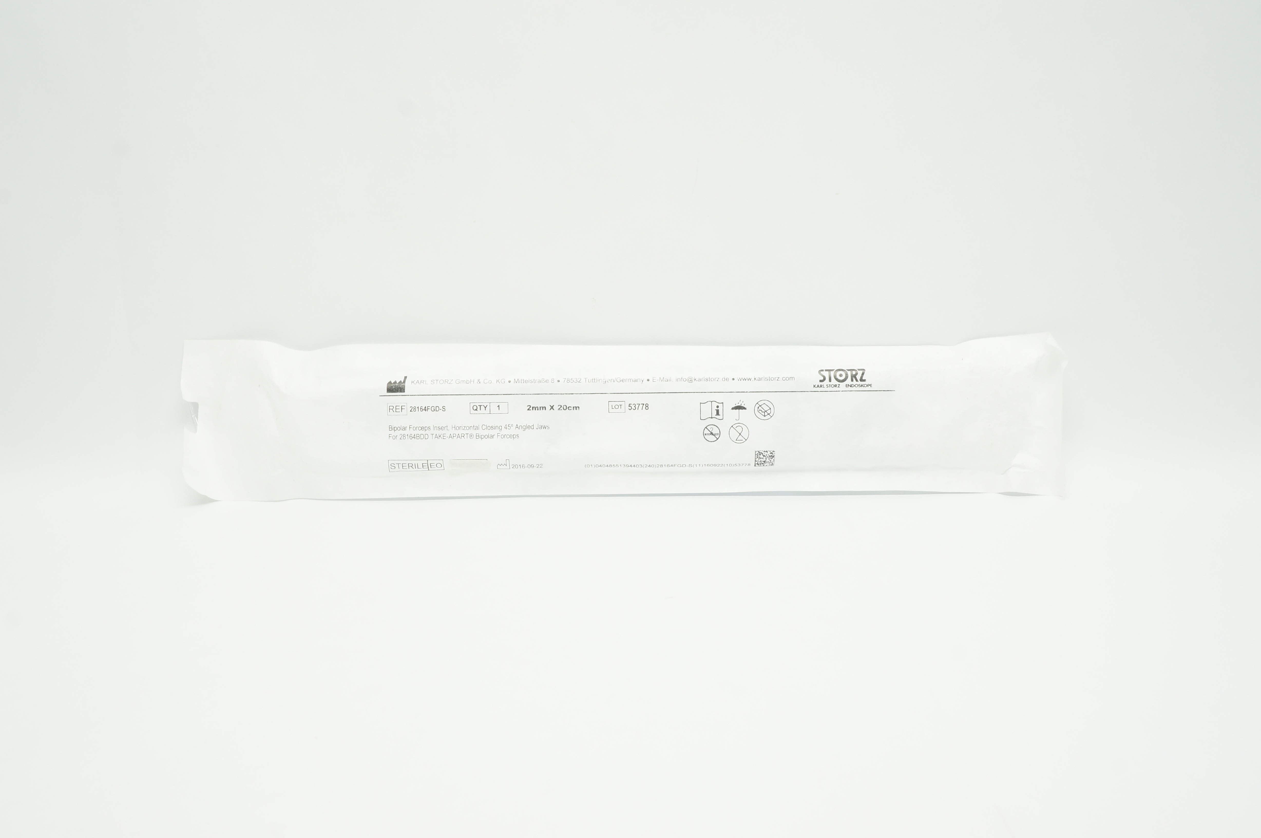 Karl Storz 28164FGD-S Bipolar Forceps Insert, Horizontal Closing 45deg. 2mmx20cm