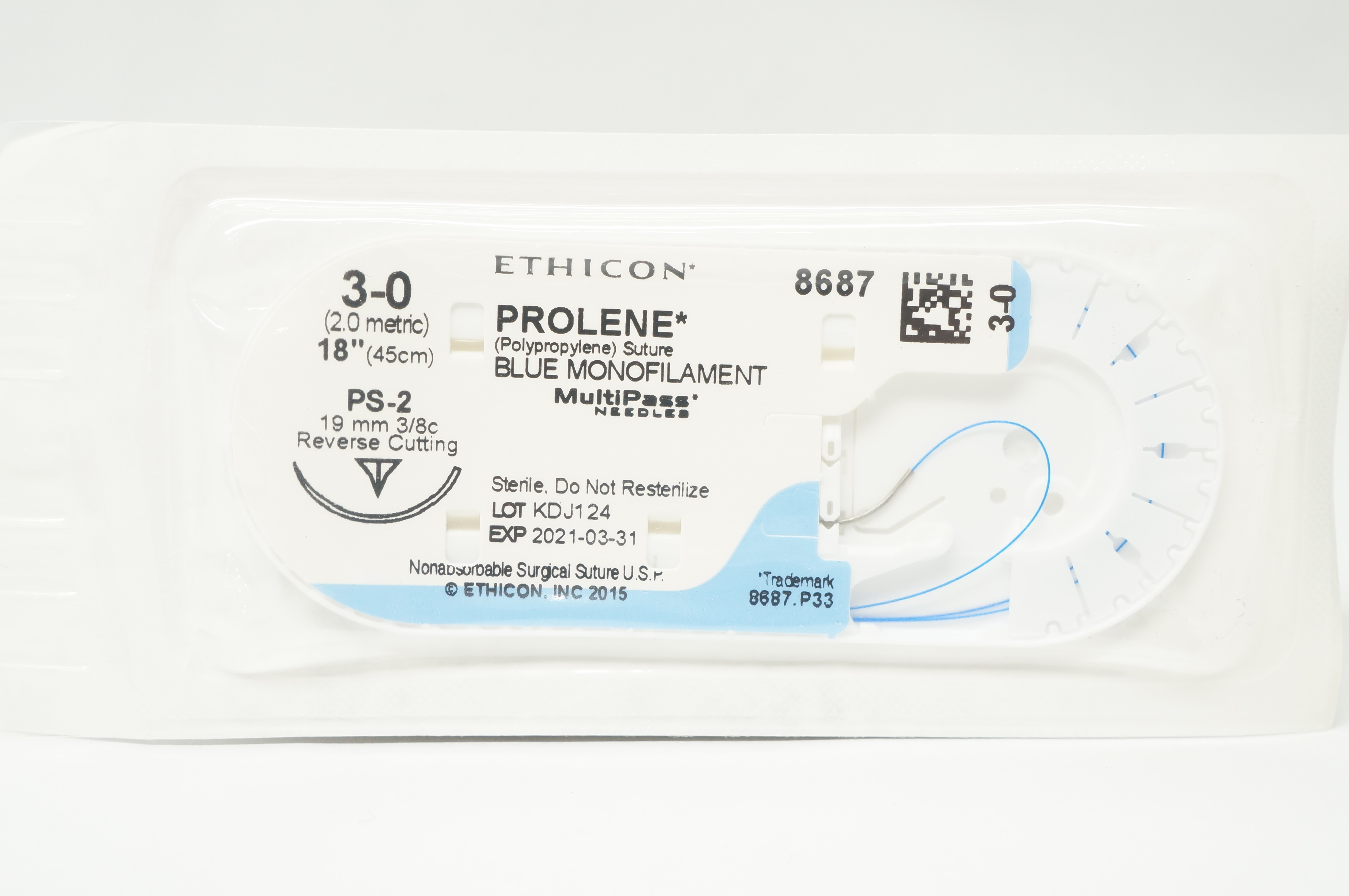 Ethicon 8687 3-0 Prolene Stre PS-2 19mm 3/8c ReverseCutting 18inch (x)