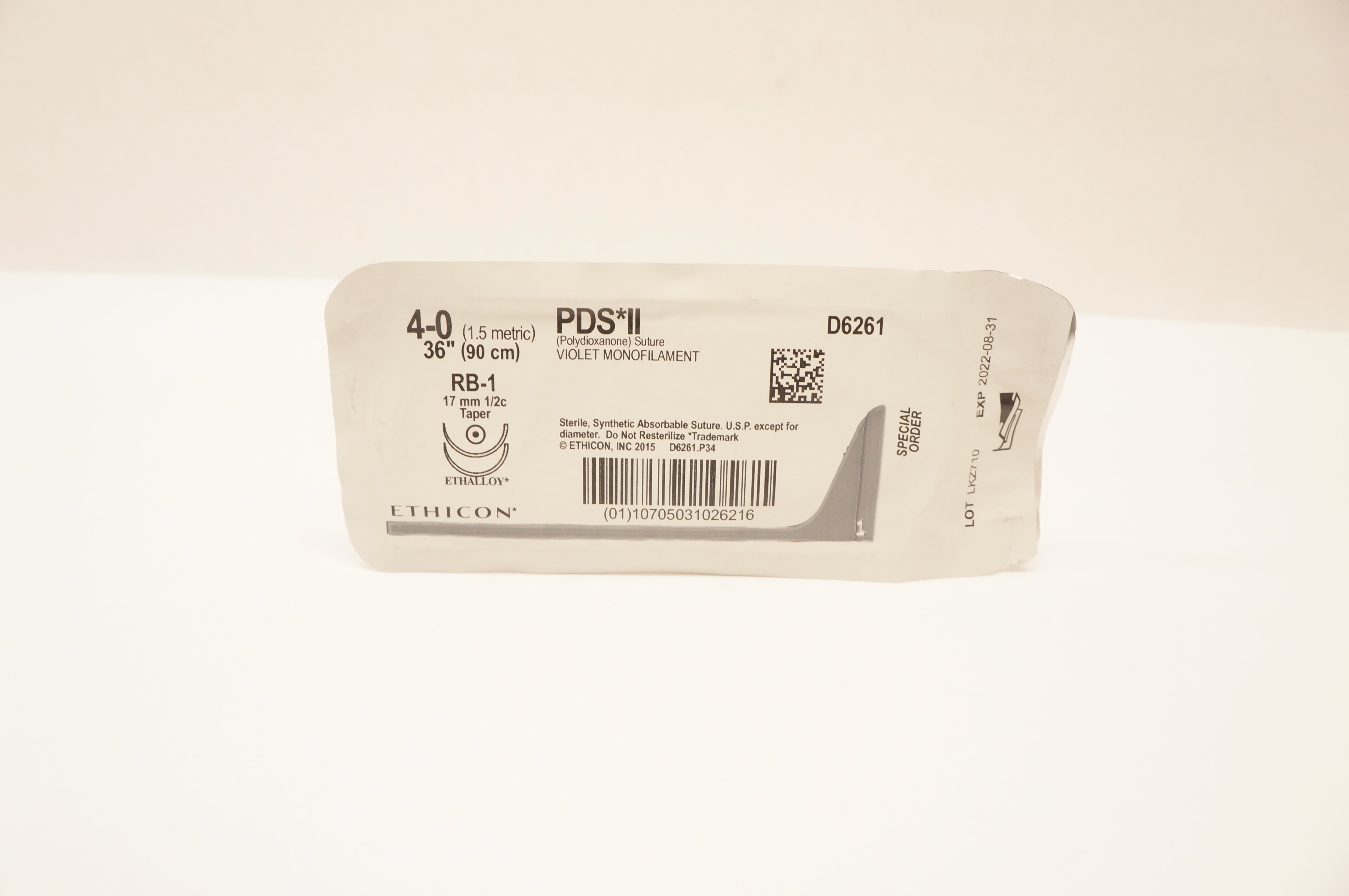 Ethicon D6261 4-0 PDS II Violet Monofilament Stre RB-1 17mm 1/2c Taper 36inch(x)