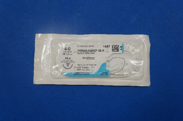 Ethicon 1687 4-0 PERMA-HAND SILK, PS-4 16mm 1/2c Reverse Cutting, 18