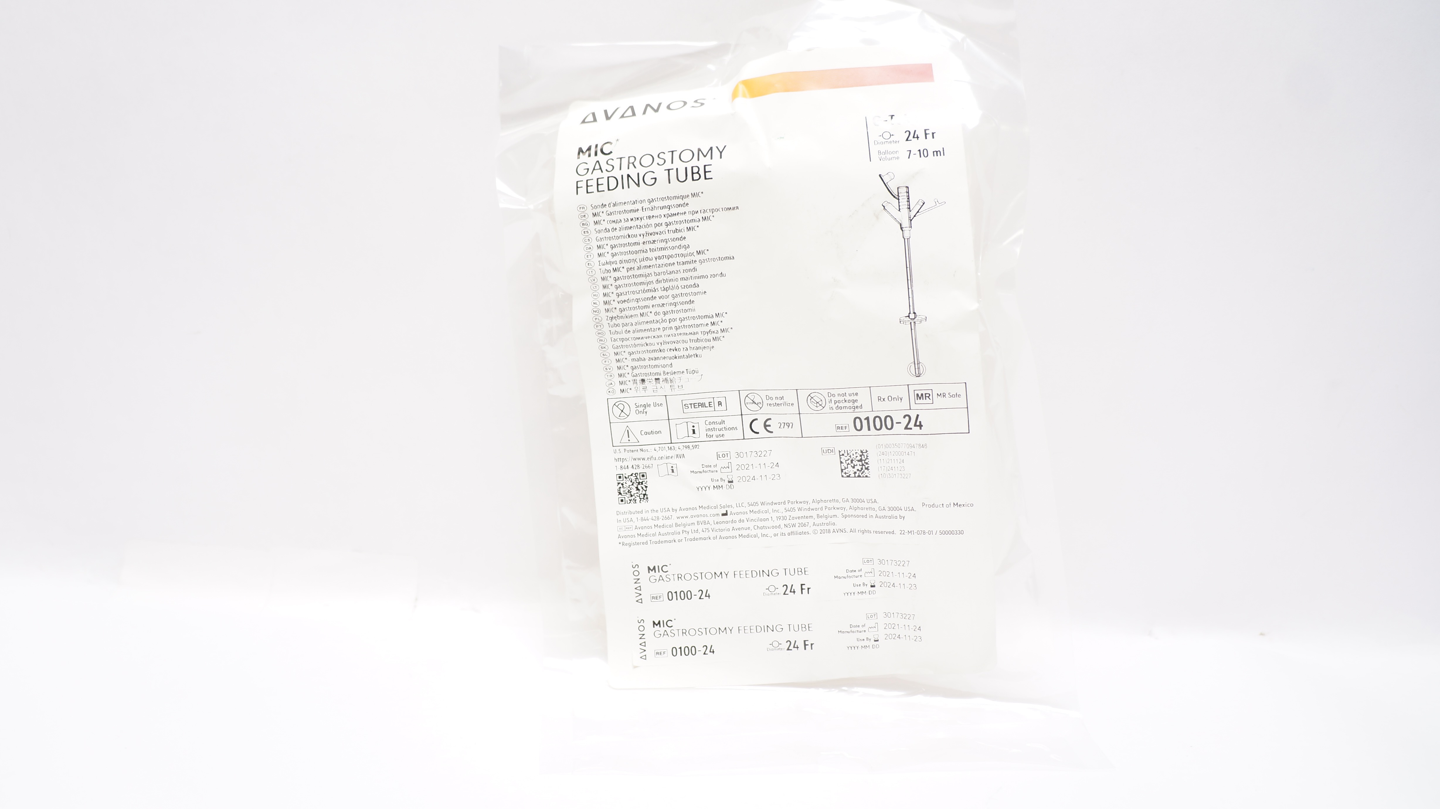 Avanos 0100-24 MIC Gastrostomy Feeding Tube 24Fr 7-10ml