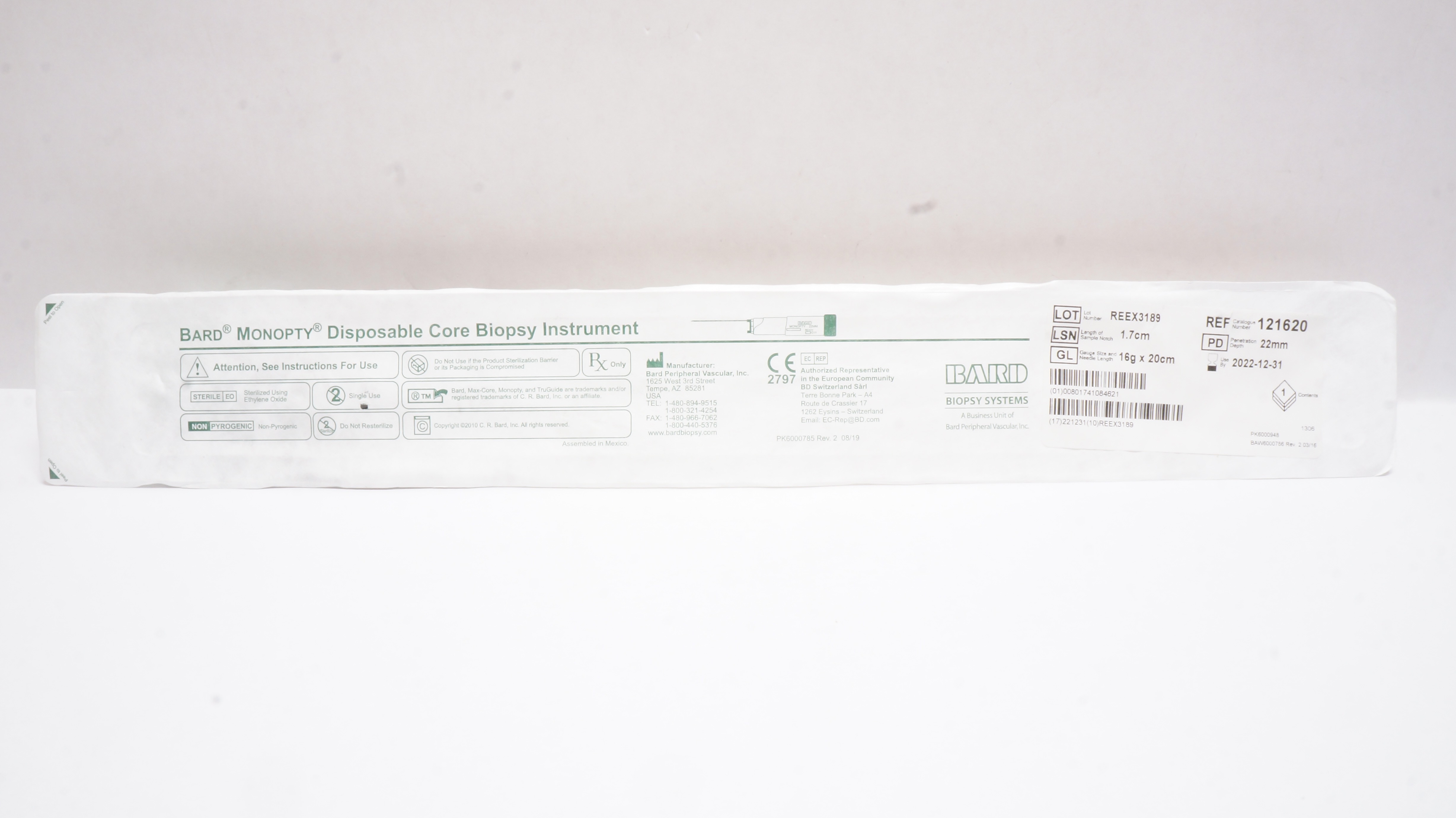 Bard 121620 Monopty Disposable Core Biopsy Instrument 16g x 20cm x 1.7cm (x)