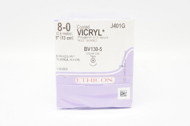 Ethicon J401G 8-0 VICRYL, BV130-5, 6.5mm 3/8c Taper, 5inch (x) - Box  of 12