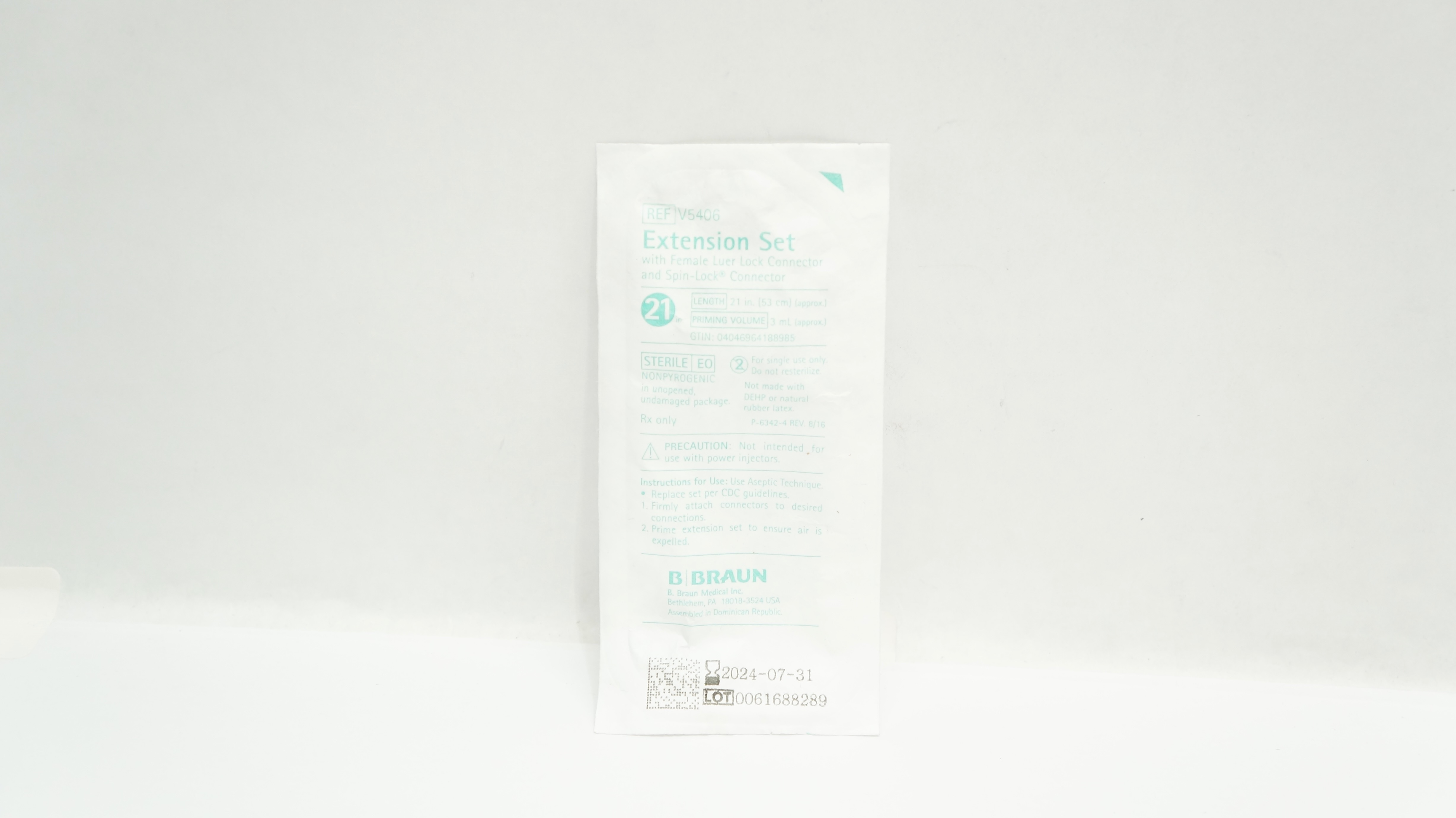 Braun V5406 Extension Set with Female Luer Lock,Spin-Lock Connector 21inch x 3ml