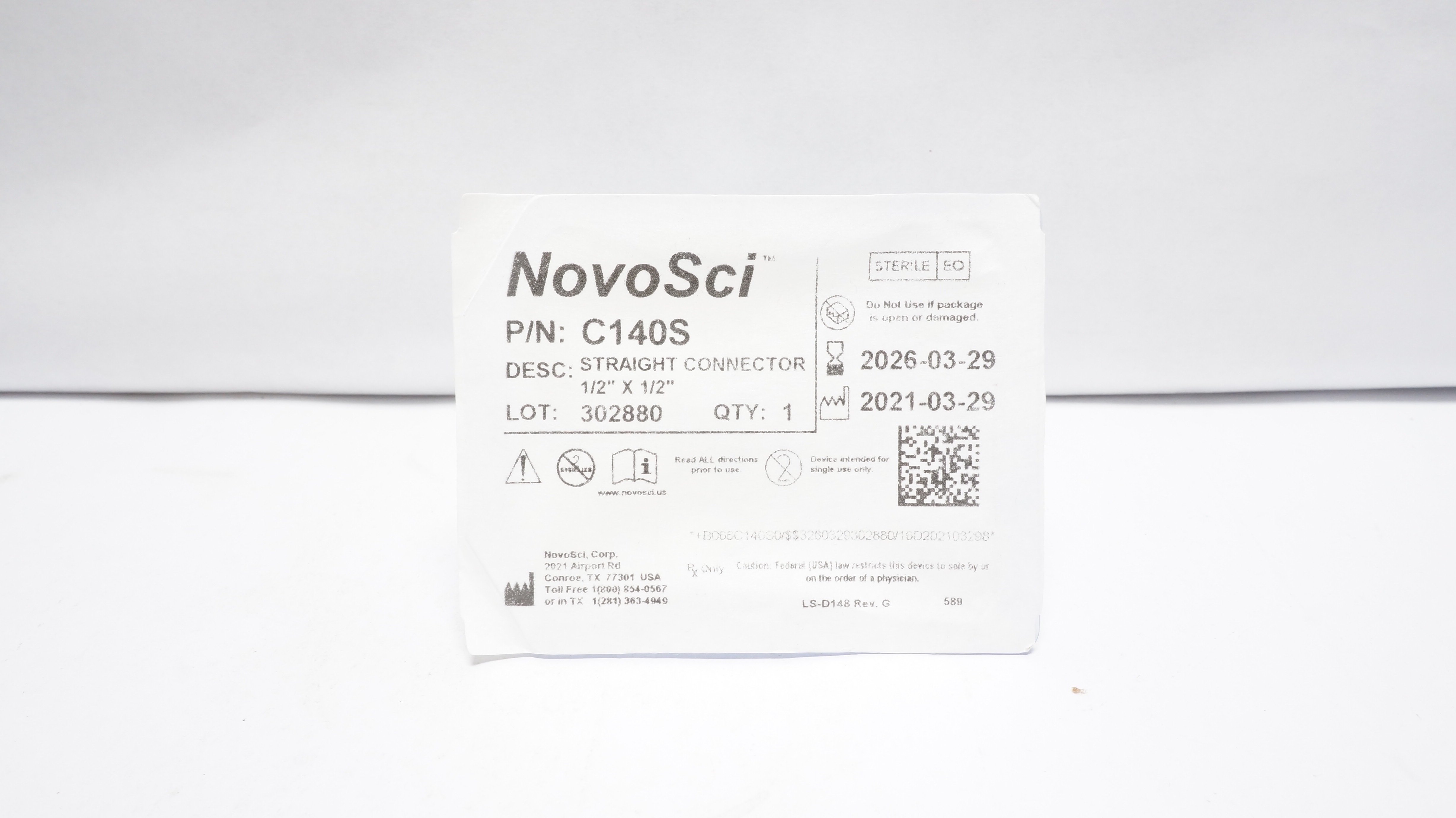 NovoSci C140S Straight Connector 1/2 inch x 1/2 inch