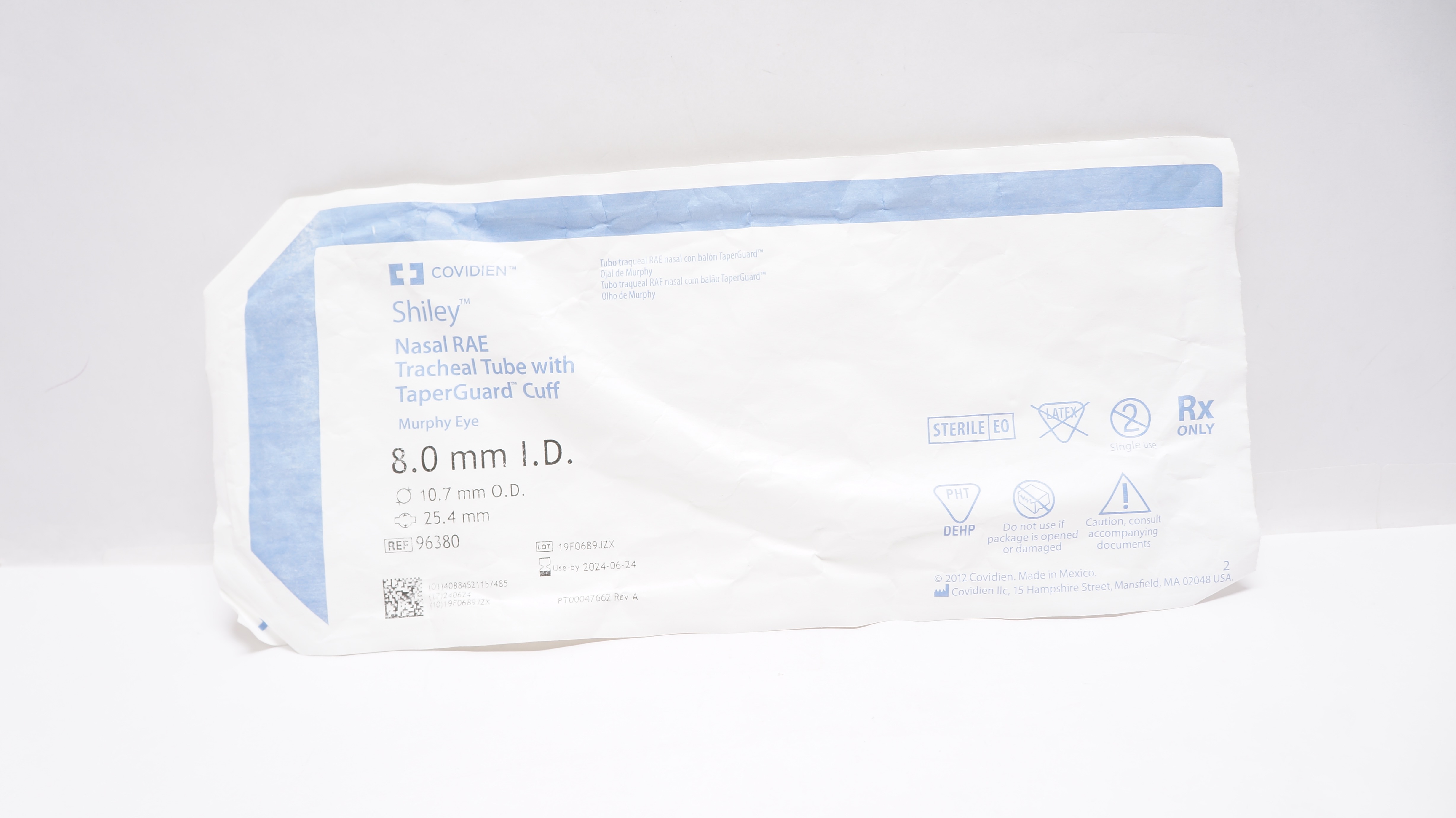 Covidien 96380 Shiley Nasal RAE Tracheal Tube w/Cuff 8.0ID x 10.7OD x 25.4mm