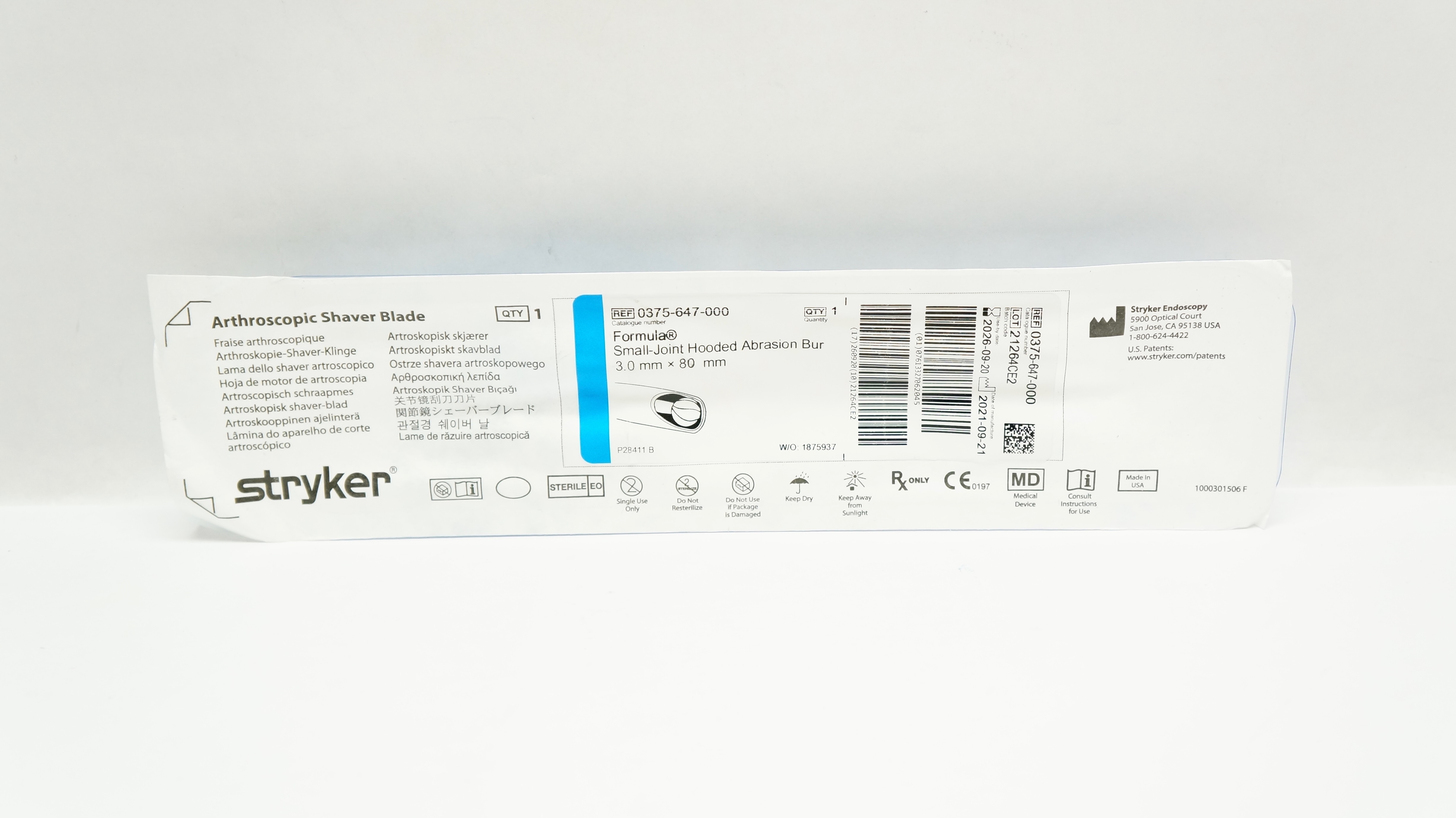 Stryker 0375-647-000 Formula Small Joint Hooded Abrasion Bur 3.0mm x 80mm