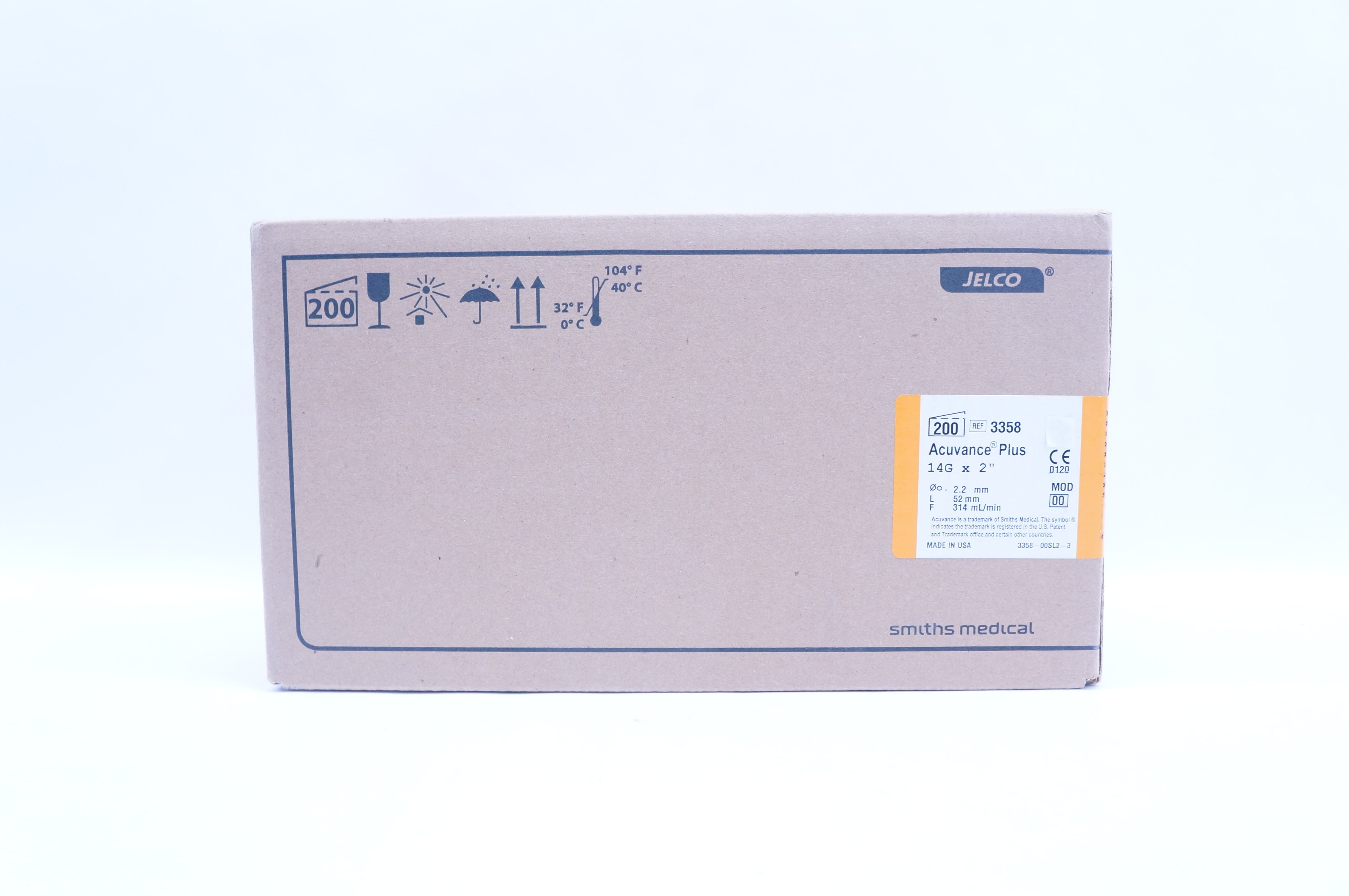 Smiths Medical 3358 Acuvance Pluse Sefaty IV Cath. 14G x 2inch - Case of 200