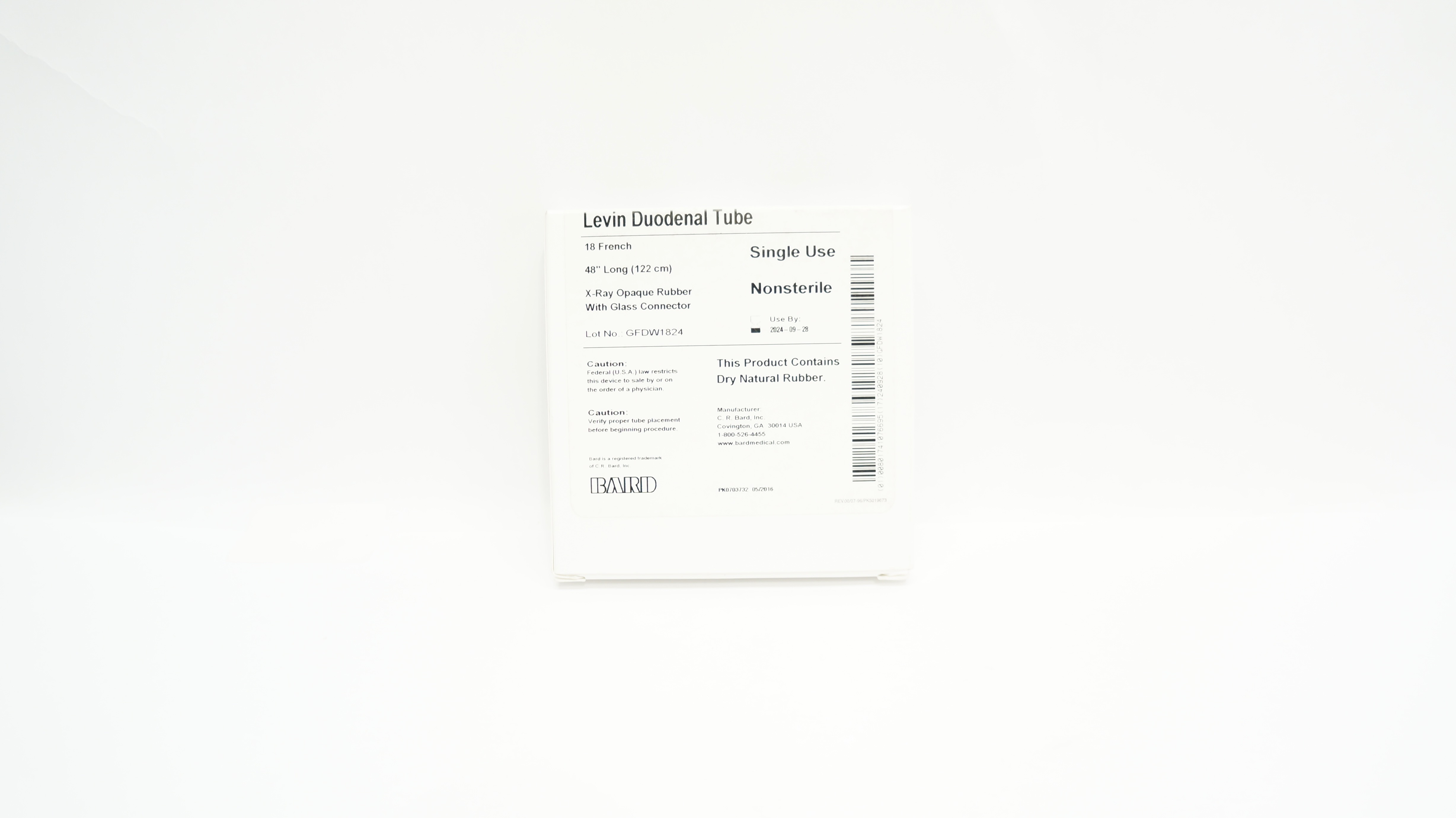 Bard 0005540 X-Ray Opaque Rubber W/Glass Connector Levin Duodenal Tube 18Fr 48In