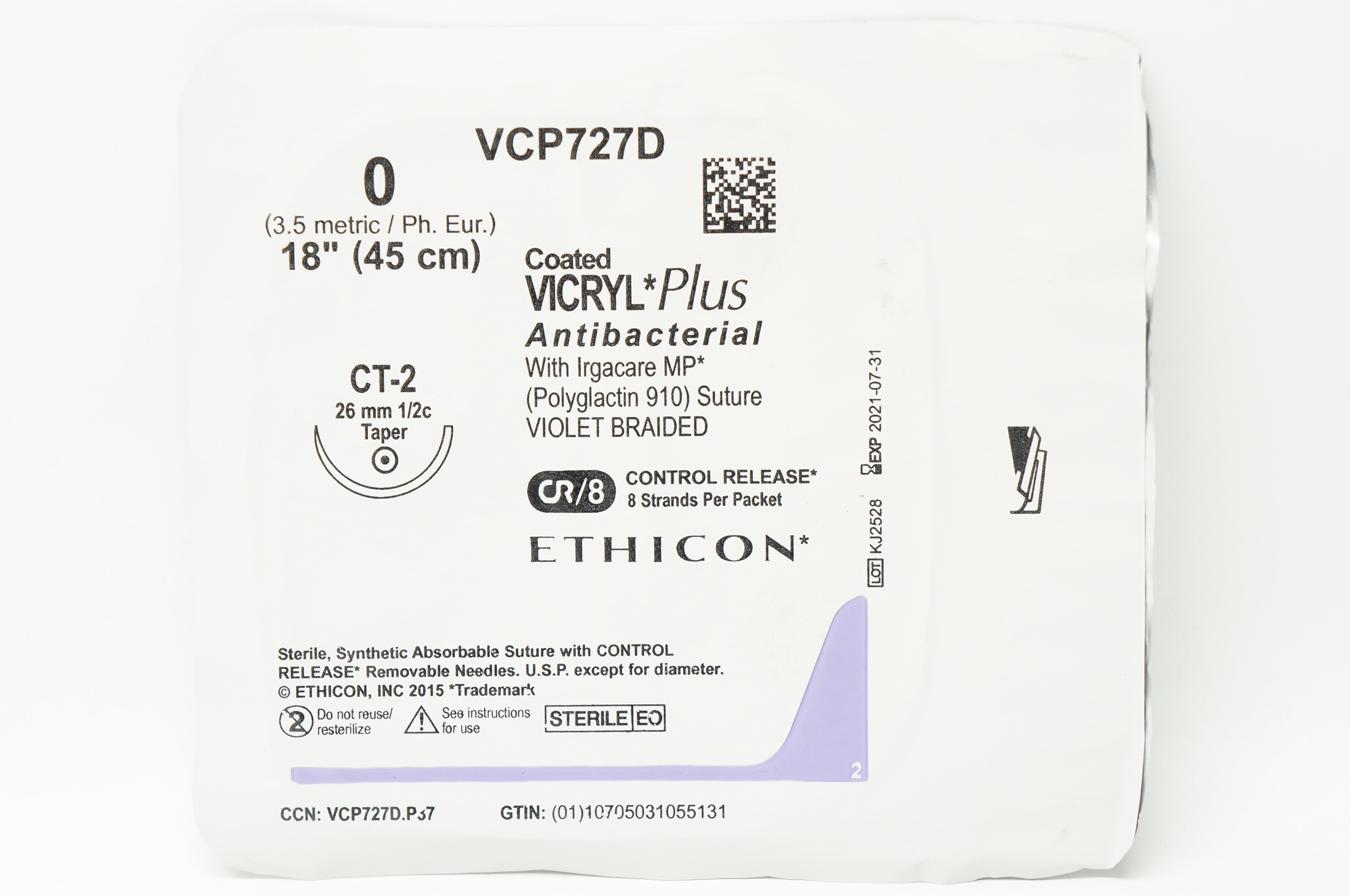 Ethicon VCP727D 0 Coated VICRYL Plus Stre CT-2 26mm 1/2c Taper, 18inch (x)