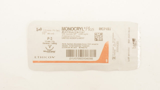 Ethicon MCP493 5-0 MONOCRYL Plus Stre P-3 13mm 3/8c Reverse Cutting, 18inch (x)