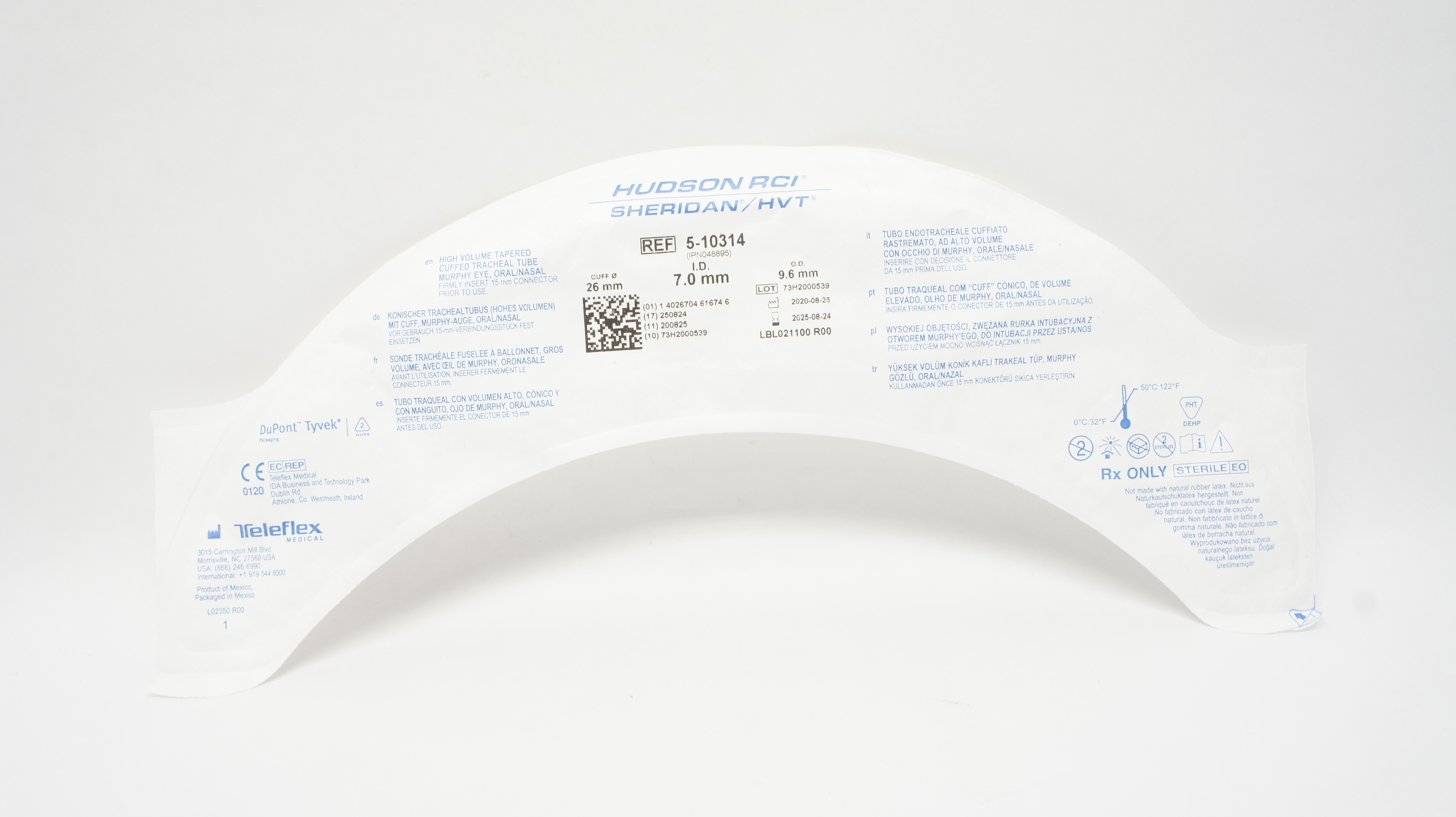 Teleflex 5-10314 Hudson RCI Sheridan HVT Cuffed Tracheal Tube 7.0 x 9.6 x 26mm