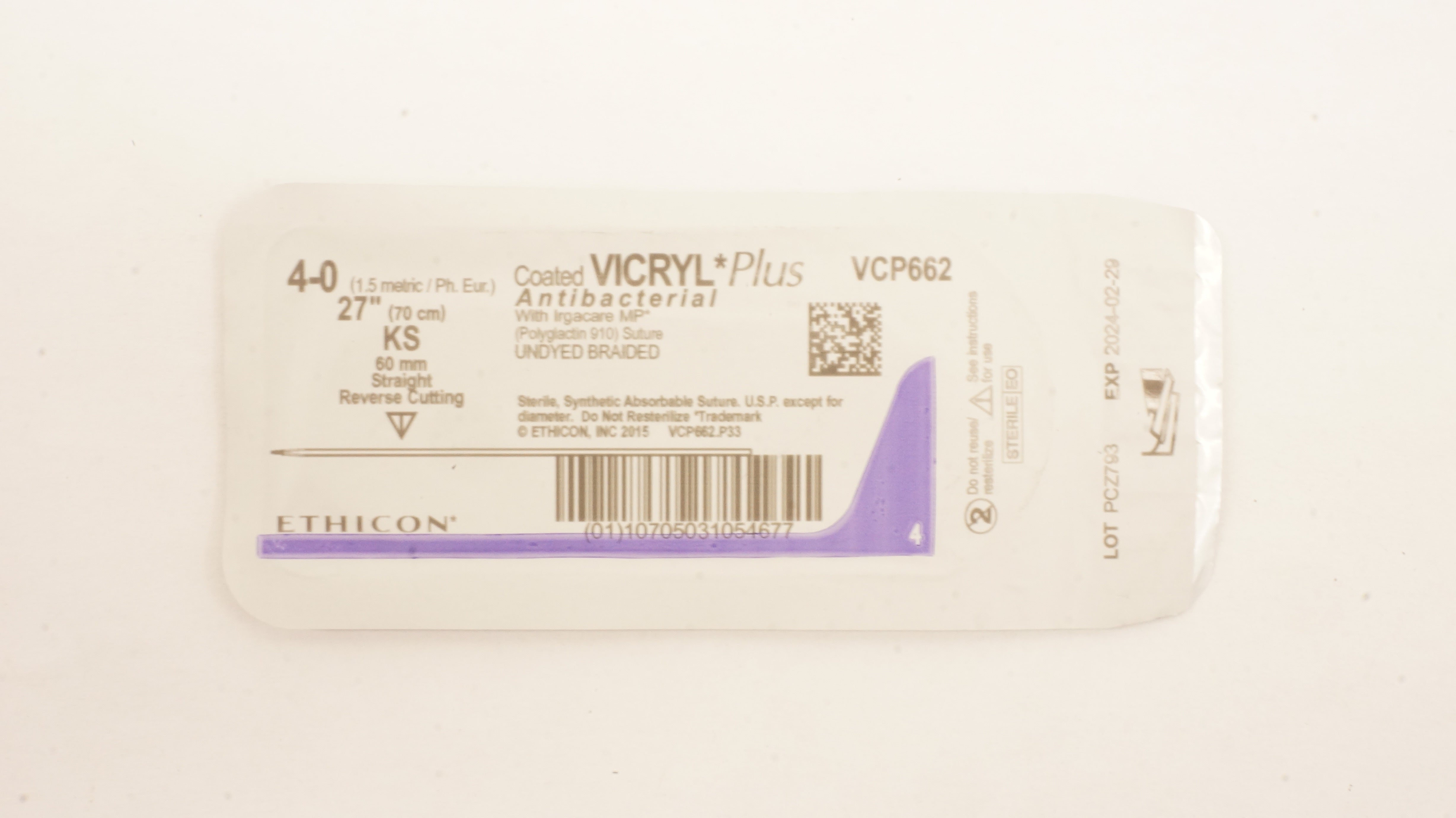 Ethicon VCP662 4-0 VICRYL Plus Stre KS 60mm Straight Reverse Cutting, 27inch