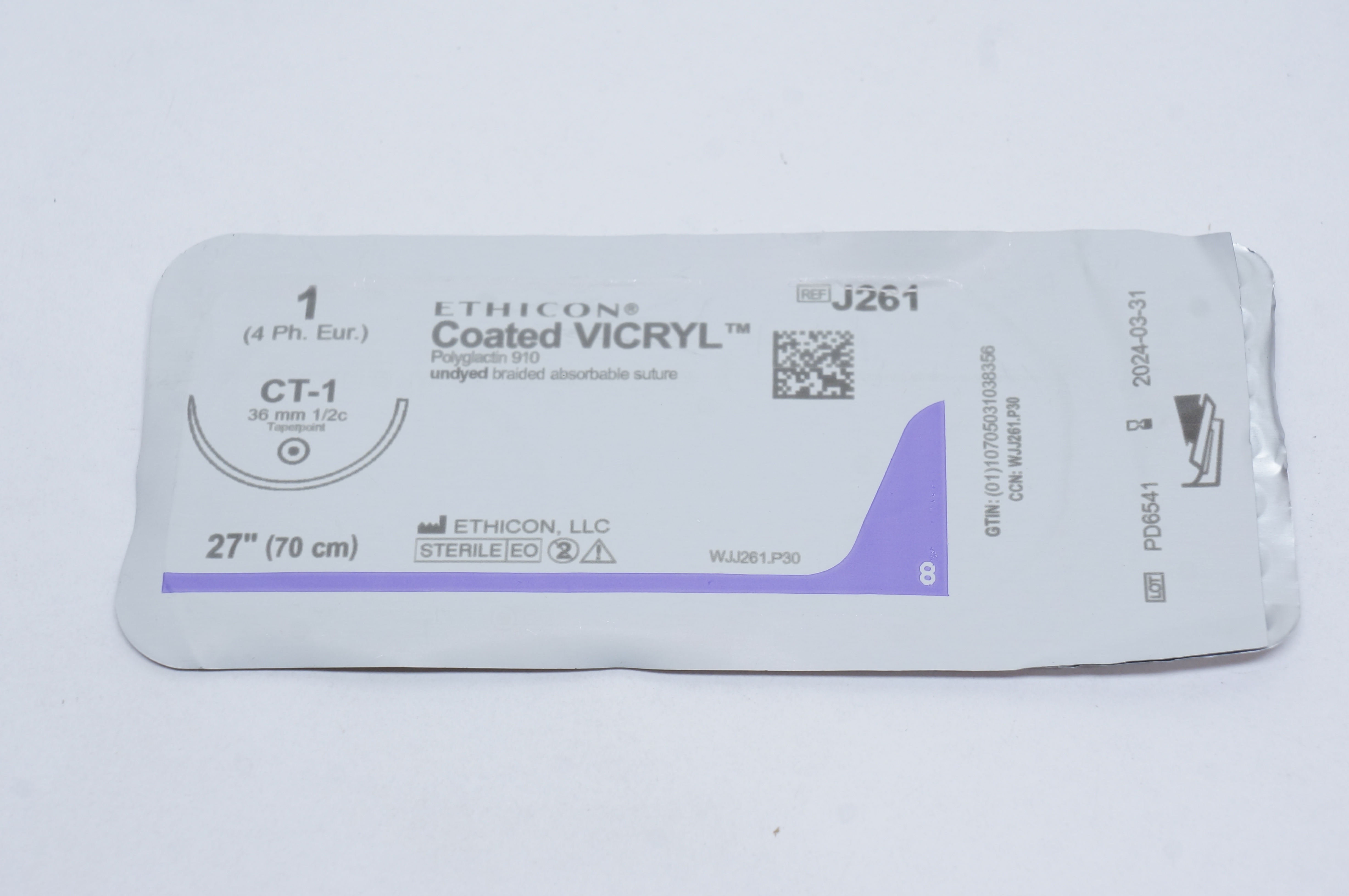 Ethicon J261 1 VICRYL, CT-1, 36mm 1/2c Taperpoint, 27inch