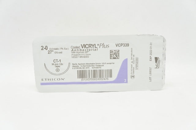 Ethicon VCP339 2-0 VICRYL Polyglactin 910 Stre CT-1 36mm 1/2c Taper 27inch(x)
