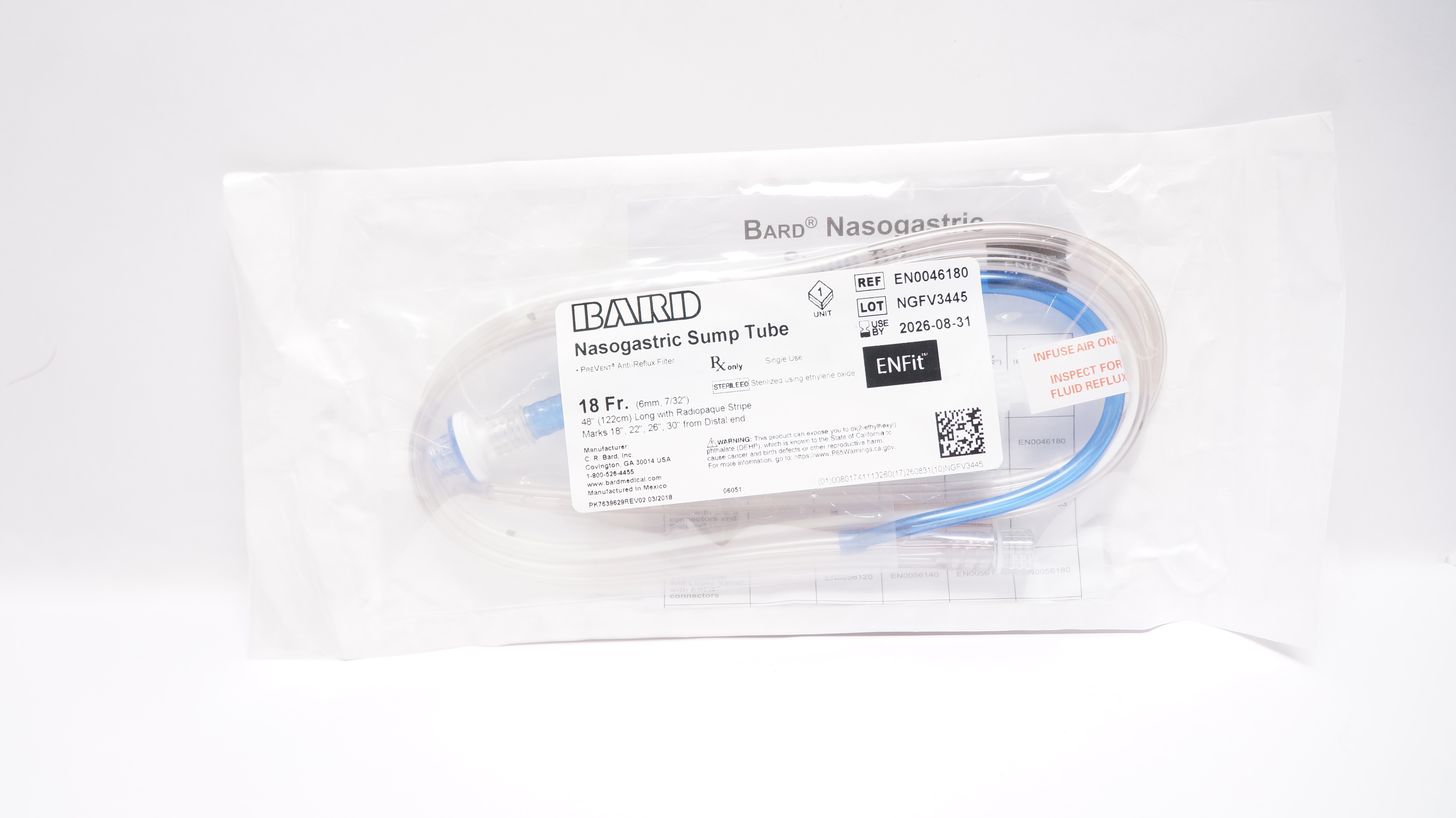 Bard EN0046180 Nasogastric Sump Tube w/Radiopaque Stripe Marks 18Fr x 48inch