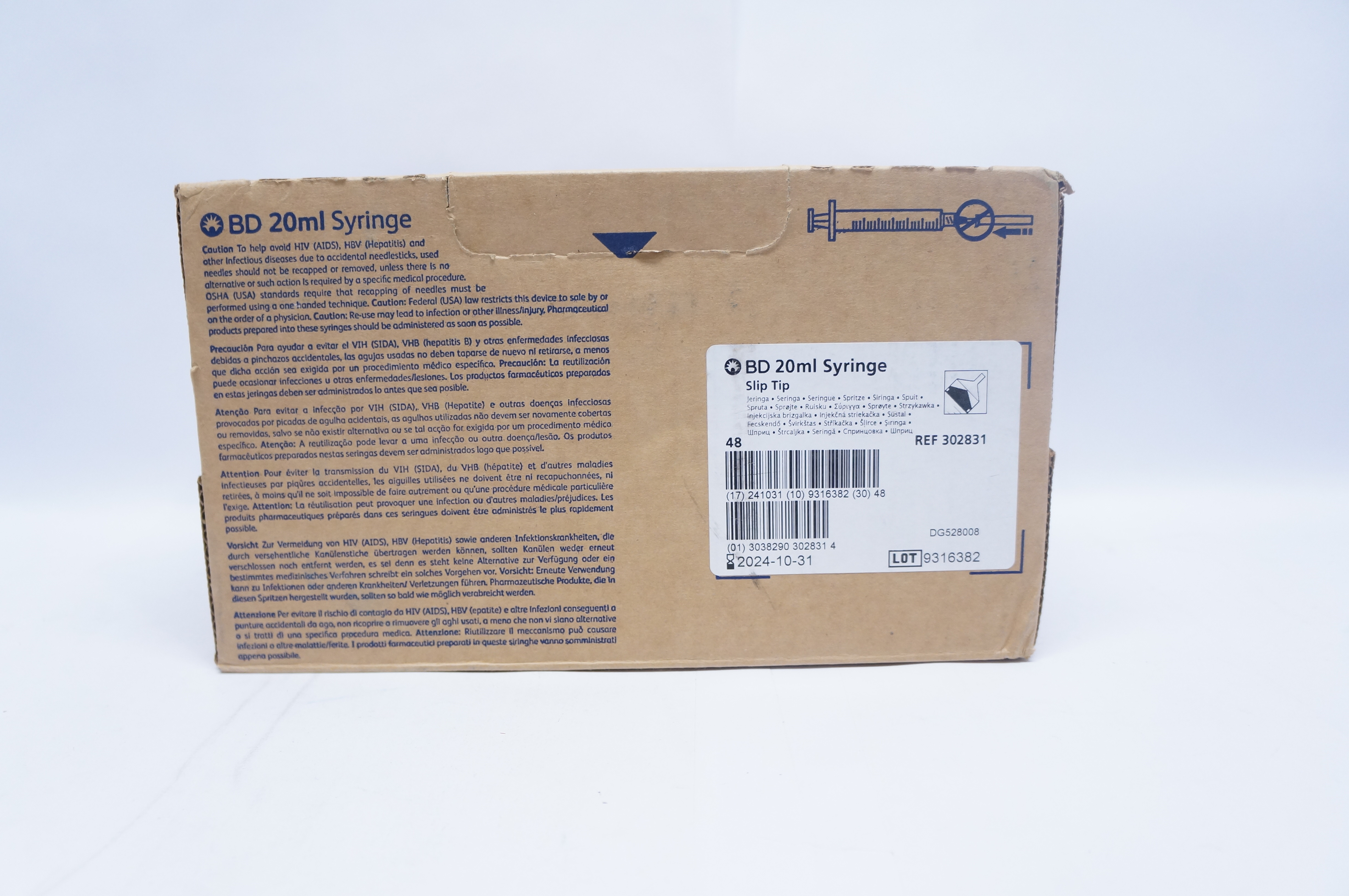 BD 302831 20ml Syringe Slip Tip - Case of 48