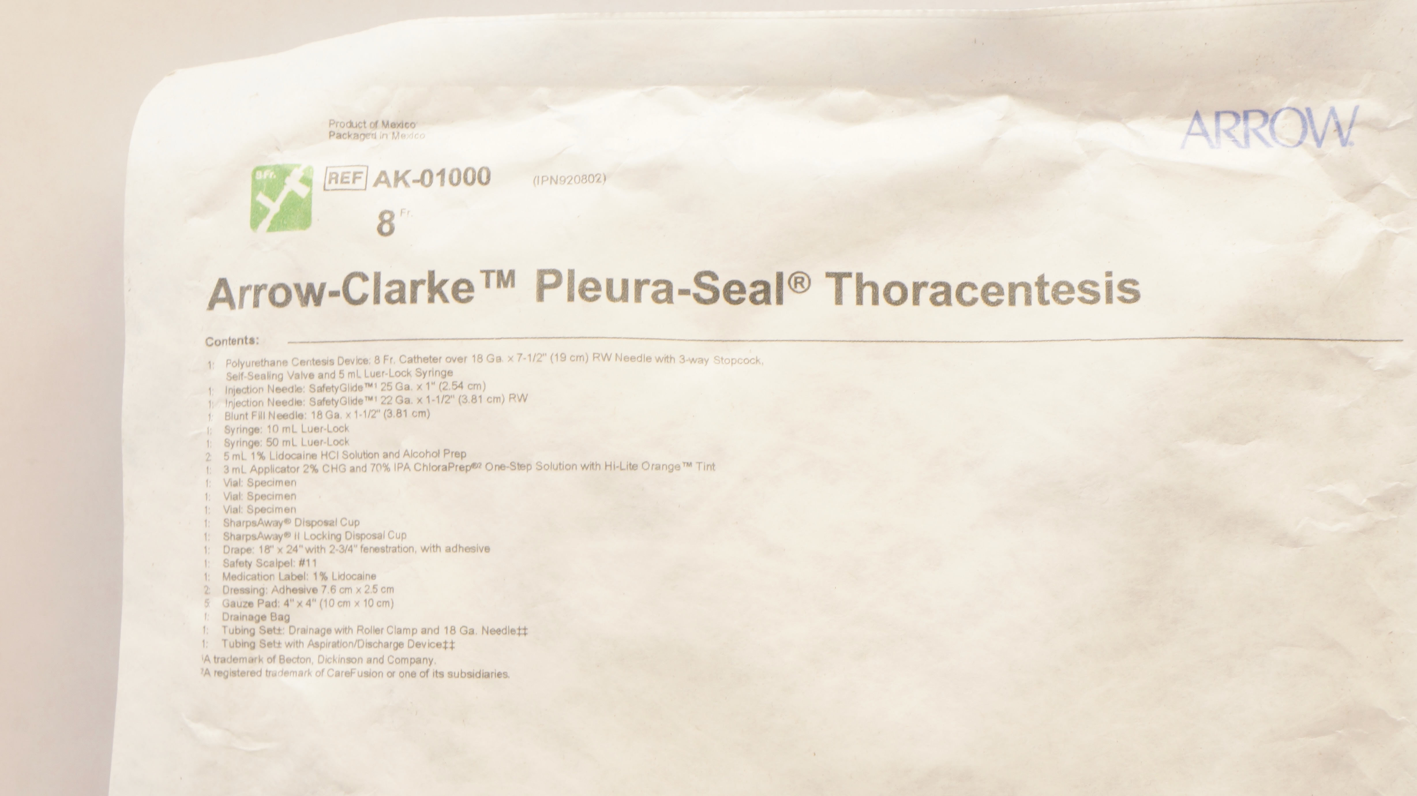 Arrow AK-01000 Arrow-Clarke Pleura Seal Thoracentesis Kit 8 Fr