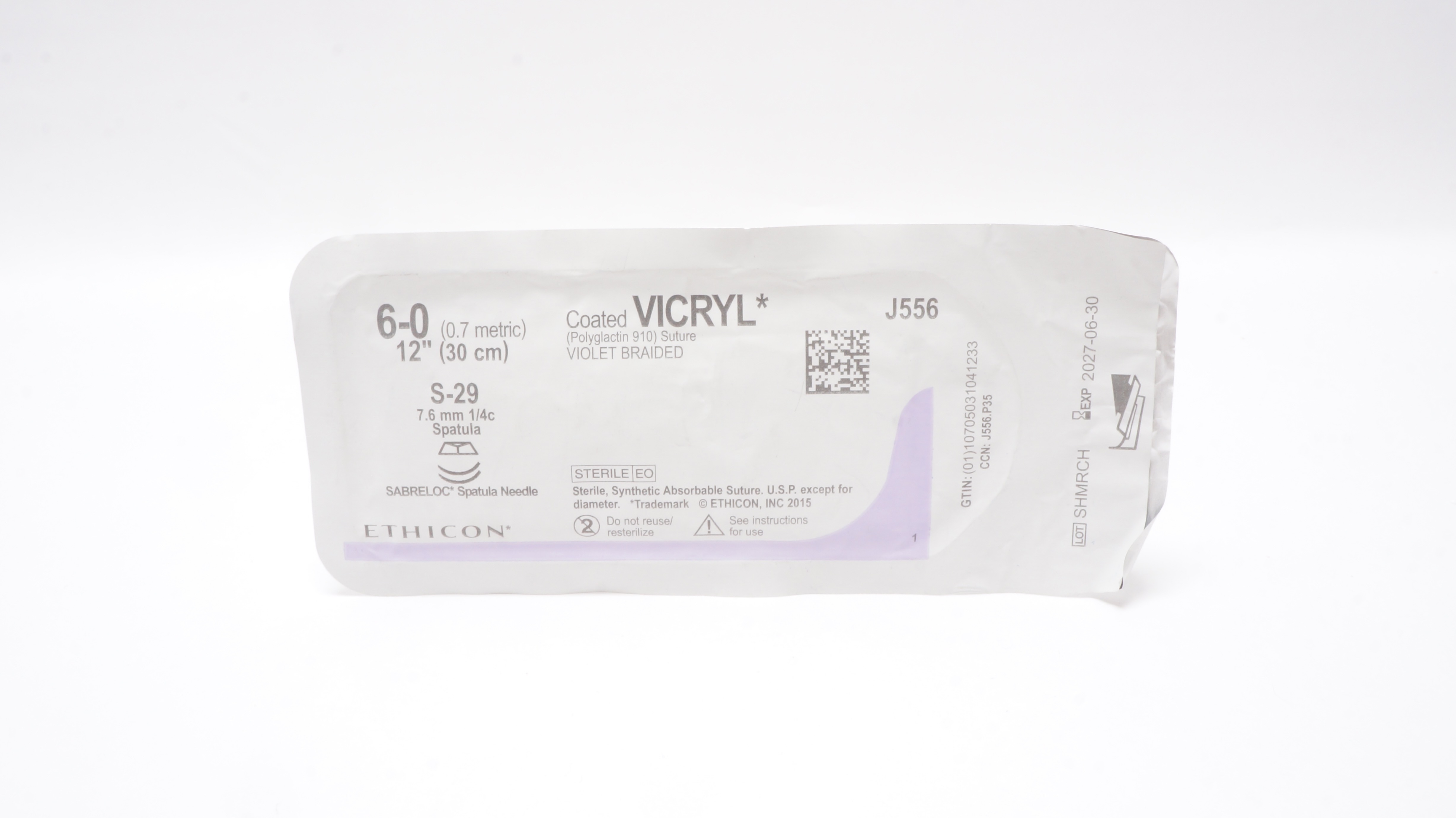 Ethicon J556 6-0 Coated Vicryl Polyglactin Stre S-29 7.6mm 1/4c Spatula, 12 inch