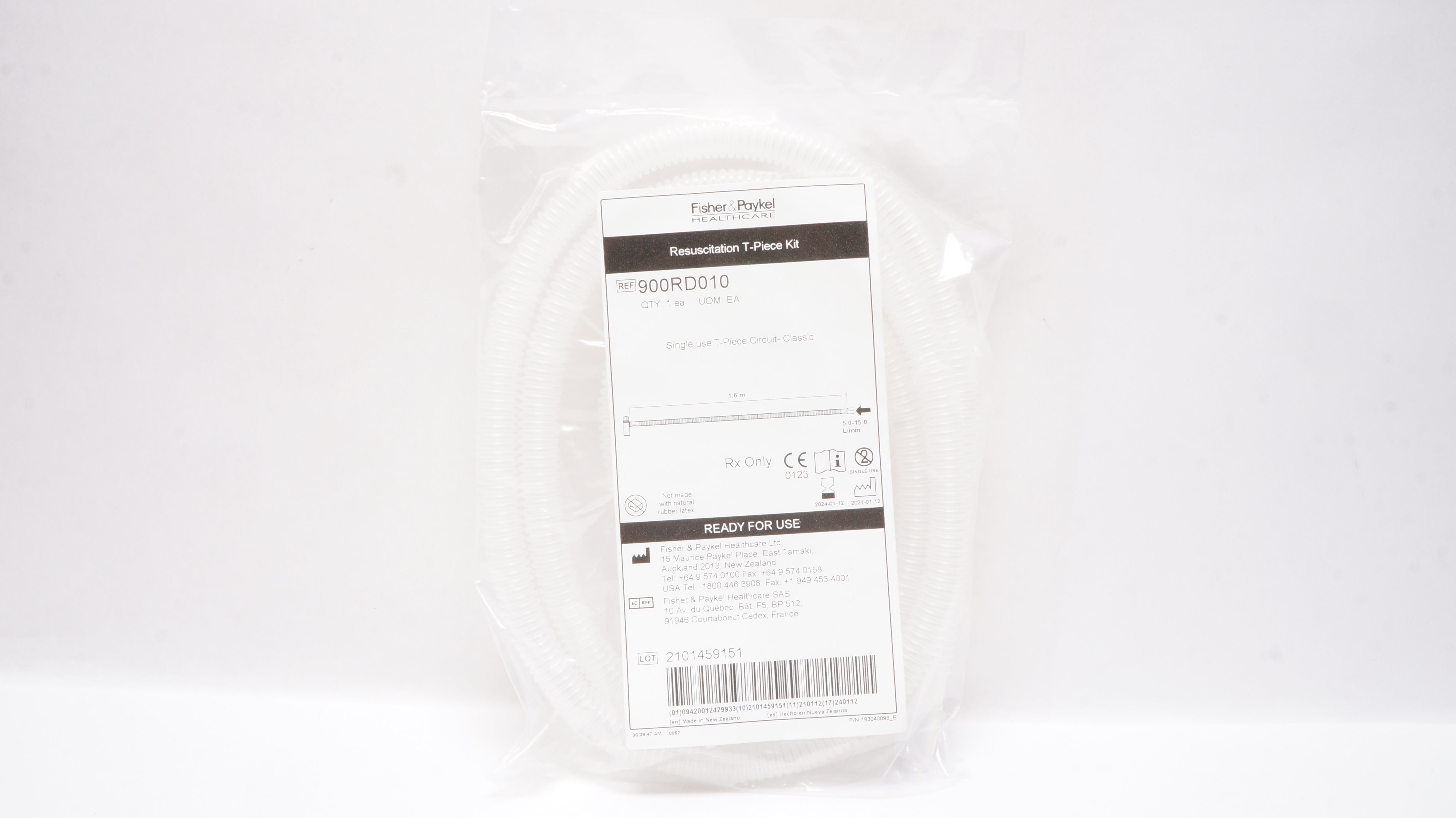 Fisher&Paykel 900RD010 Resuscitation T-Piece Kit 1.6m 5-0-15.0L/min