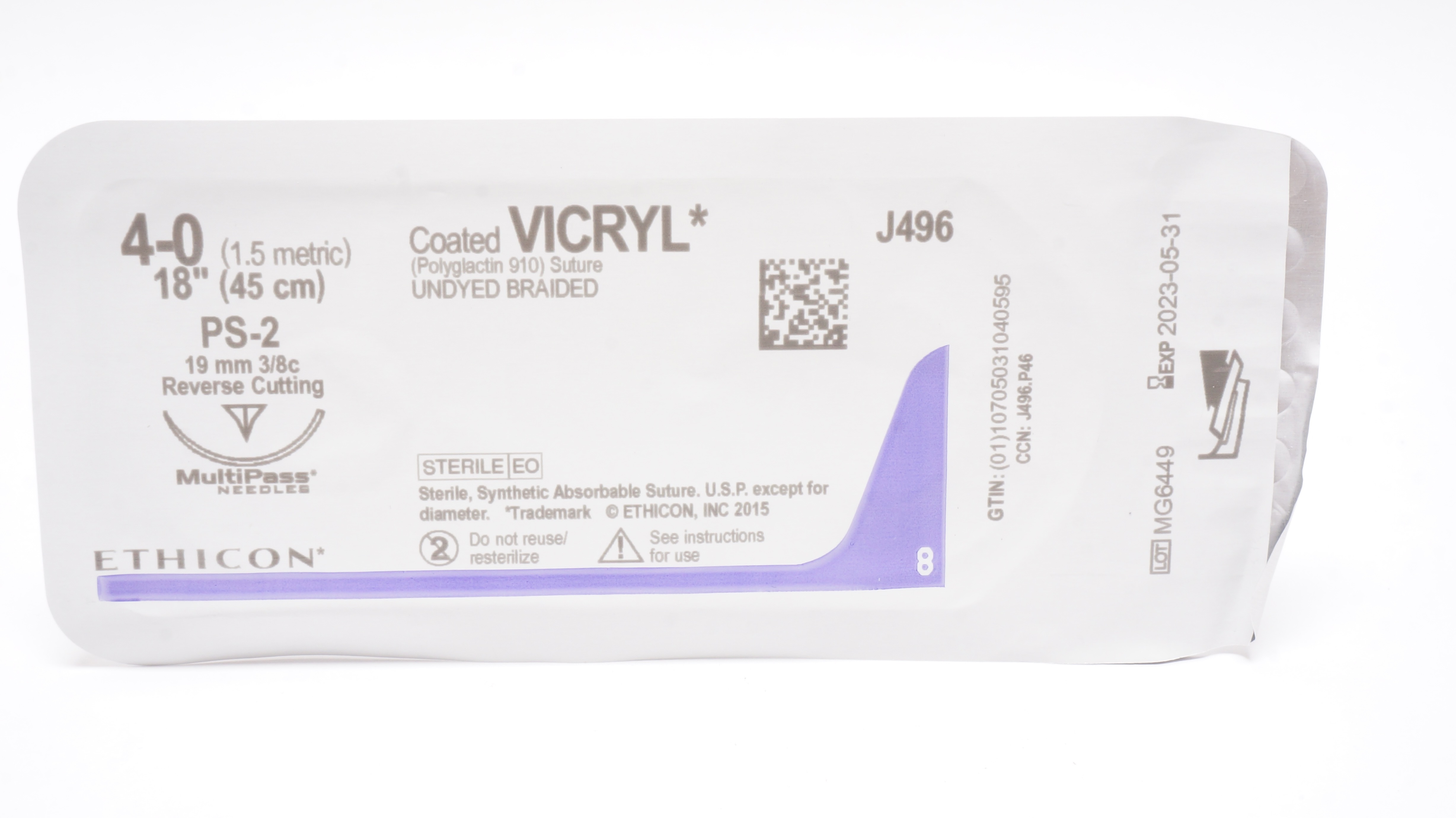 Ethicon Y496 4-0 Vicryl Stre PS-2 19mm 3/8c Reverse Cutting,18 inch (x)