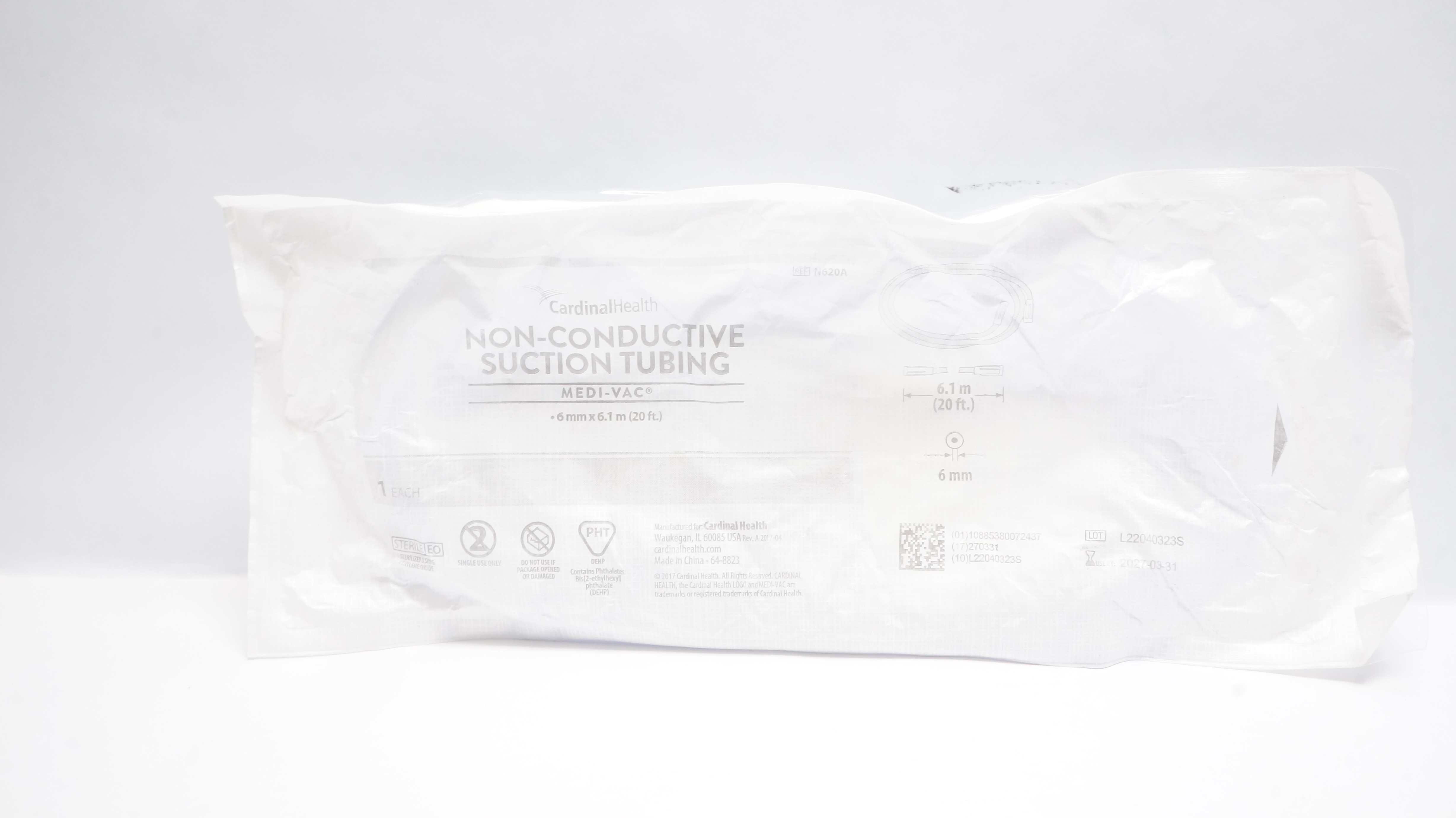 Cardinal Health N620A Non-Conductive Suction Tubing 6mm x 20ft.