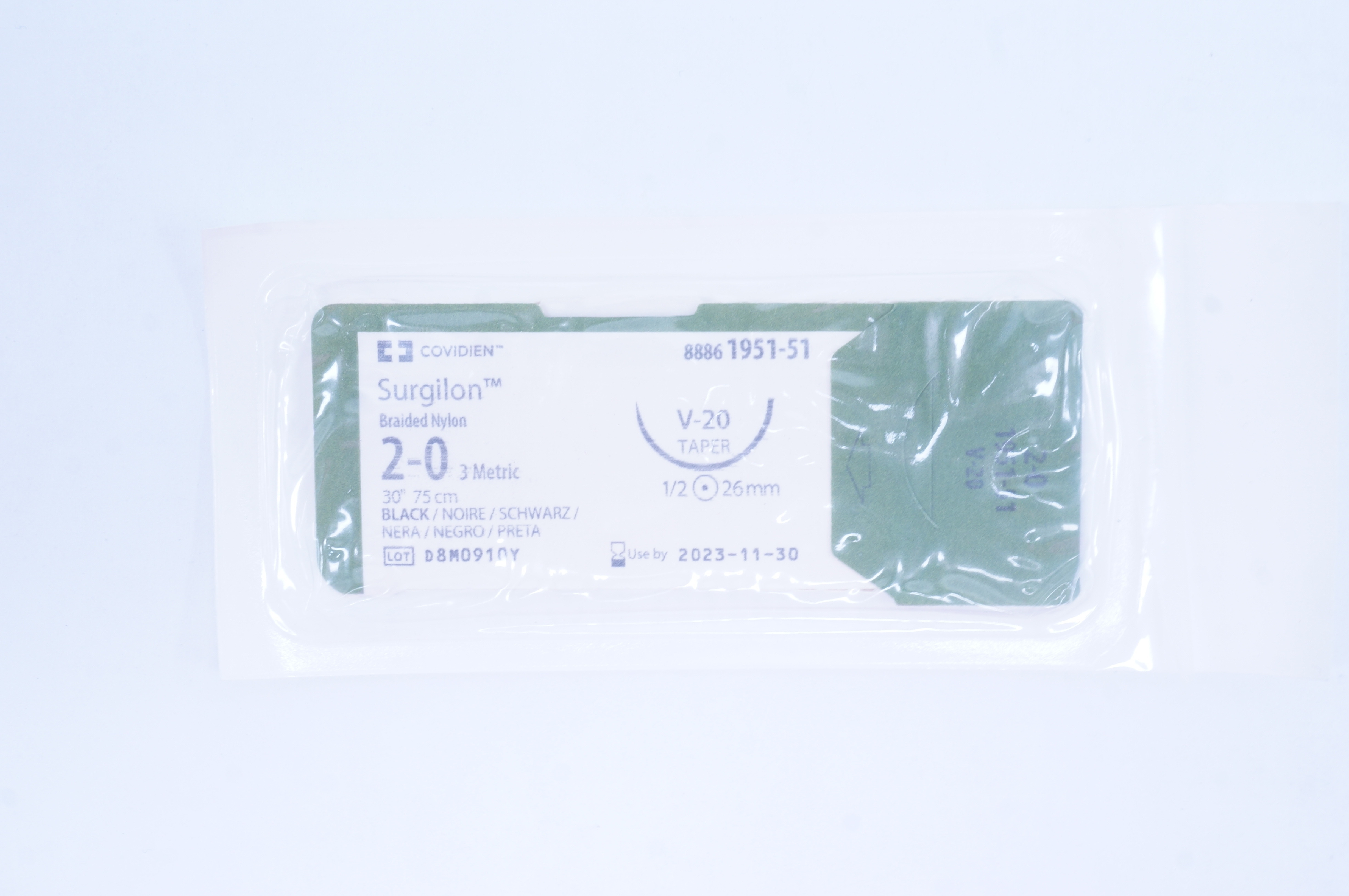 Covidien 1951-51 2-0 Surgilon Braided Nylon Stre V-20 Taper 1/2 26mm 30 inch