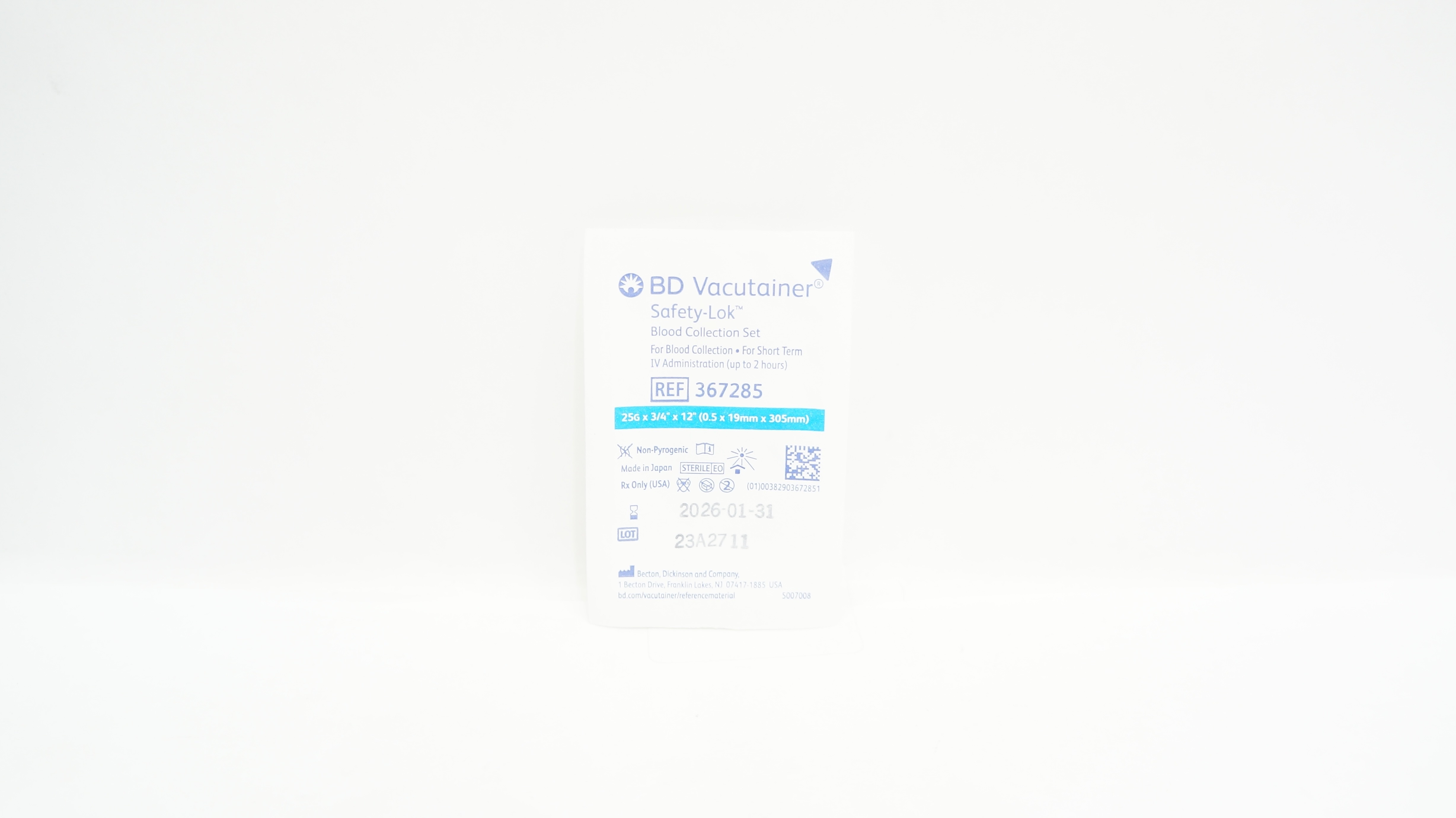 BD 367285 Vacutainer Safety-Lok Blood Collection Set 25G x 3/4 x 12inch